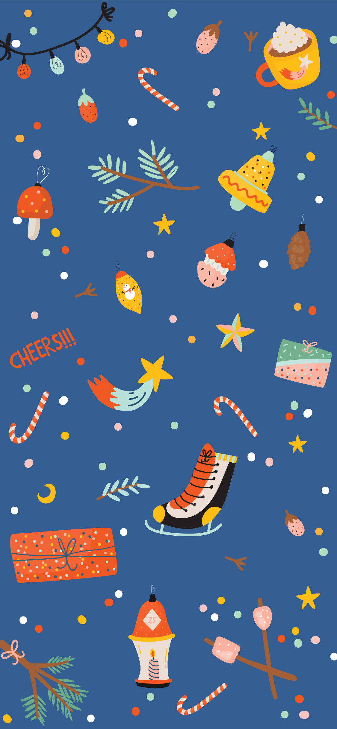 Cute Winter iPhone 桌布 壁紙 — 節日藍色桌布，散落著糖果棒、松樹枝、星星和節日美食，採用歡樂卡通風格。