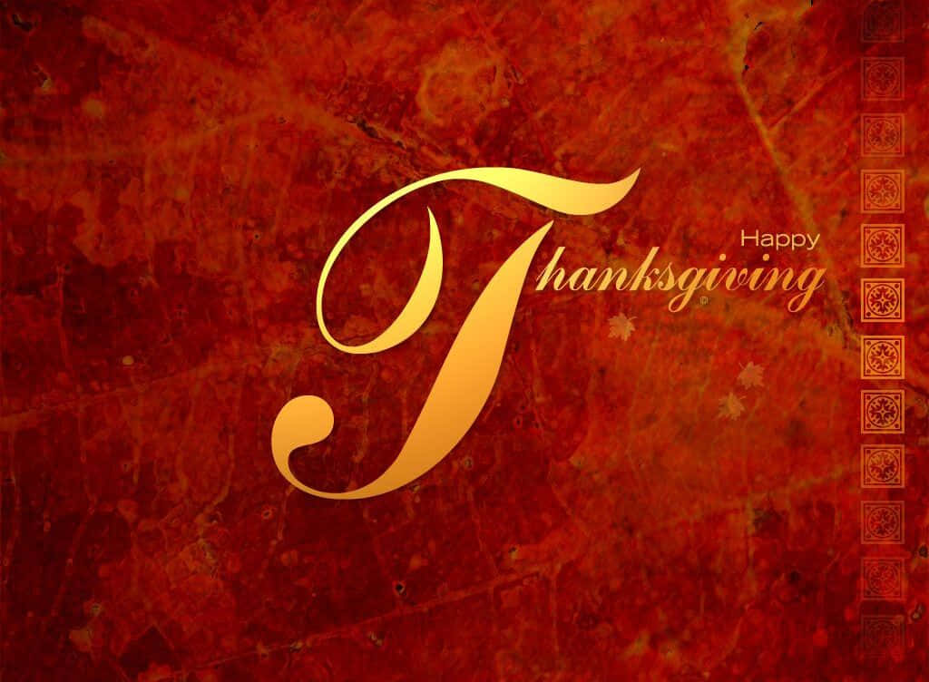 感恩節 桌布 壁紙 — 節日金色 'Thanksgiving' 字體在豐富紋理的紅色背景上發光，帶有細膩的葉子圖案和華麗邊框。