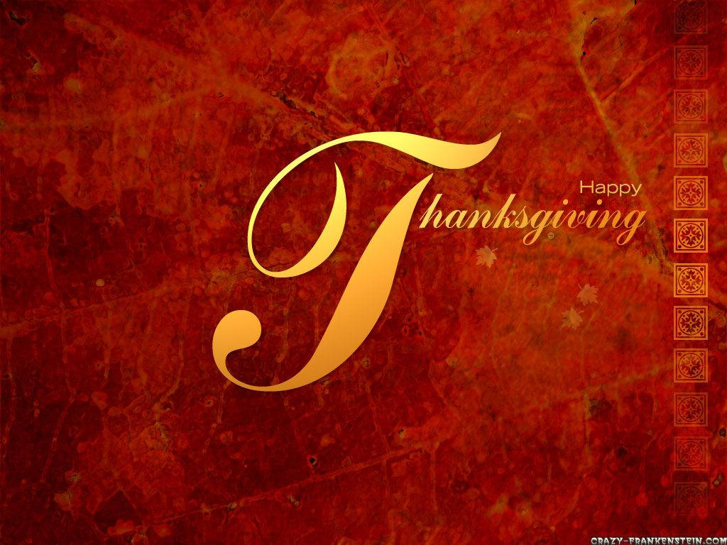 Happy Thanksgiving 桌布 壁紙 — 節日金色 'Thanksgiving' 字體在豐富紋理的紅色背景上發光，帶有細緻的葉子圖案和裝飾邊框。