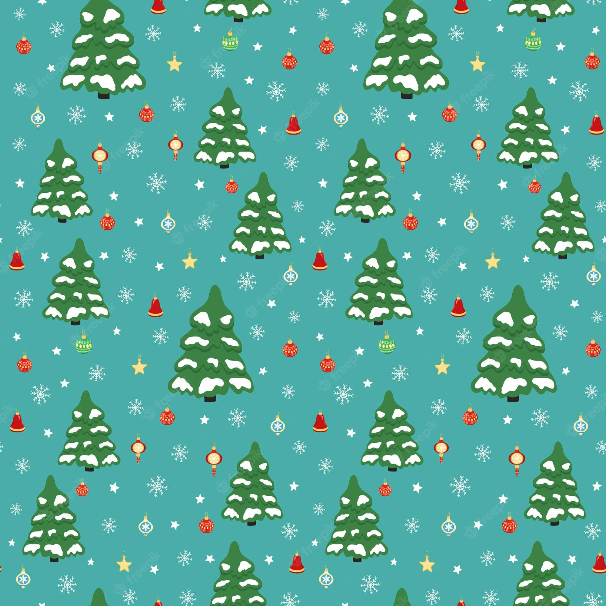 Christmas Invitation 桌布 壁紙 — 節日青綠色背景，點綴著重複的雪覆蓋聖誕樹和彩色裝飾品。