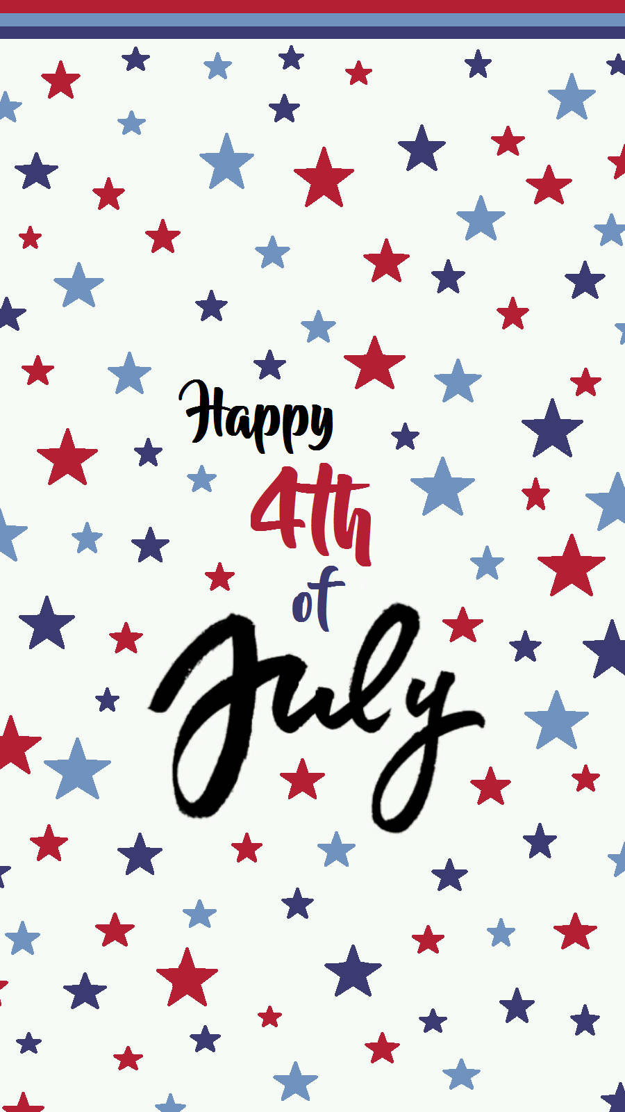 fourth of july 桌布 壁紙 — 節日風格的桌布，淺色背景上散落著紅色、藍色和白色的星星，並以時尚字體顯示「Happy 4th of July」文字。