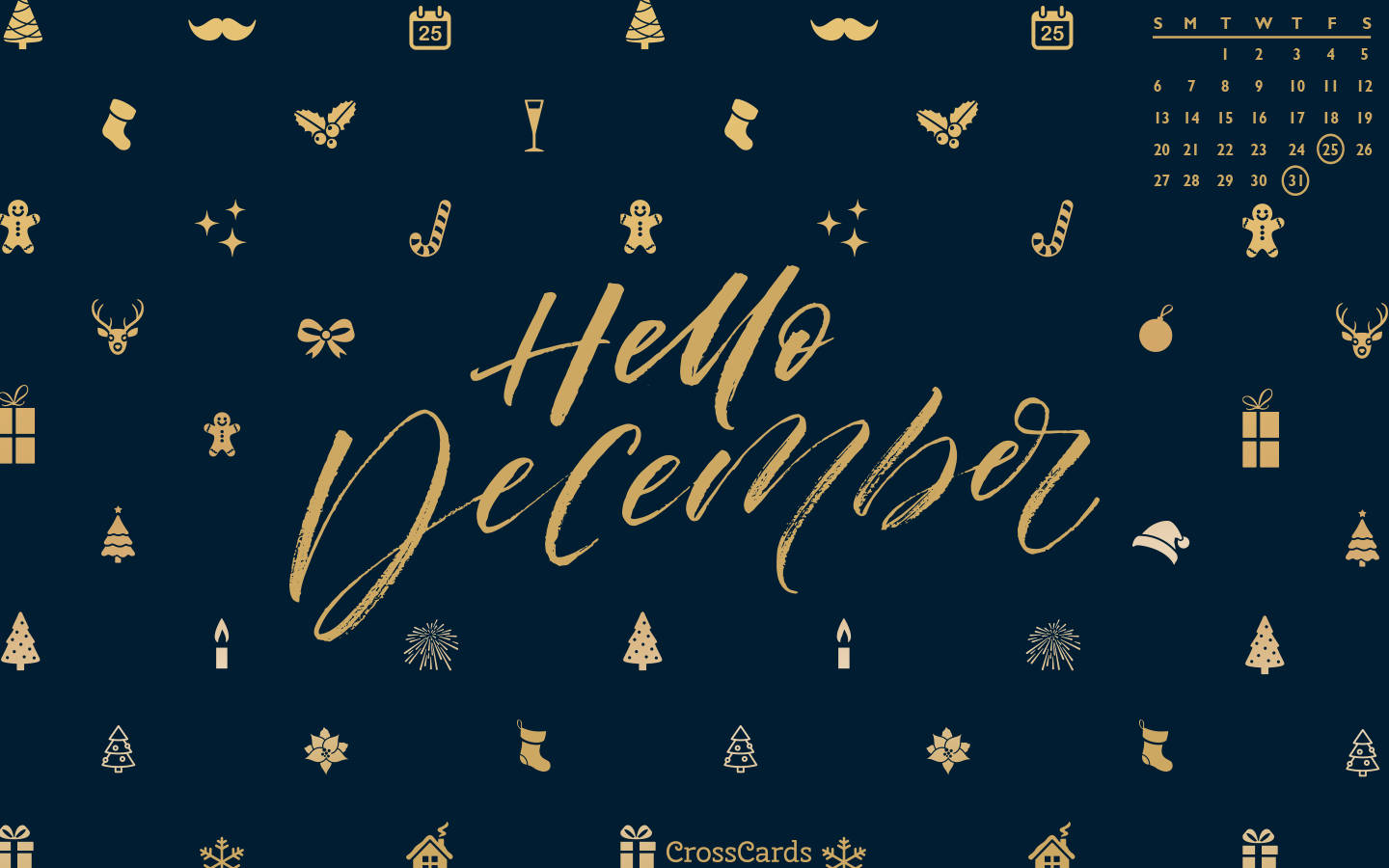Calendar 桌布 壁紙 — 節日風格的深藍色桌布，金色 'Hello December' 字樣，周圍環繞著節日圖示和十二月日曆。
