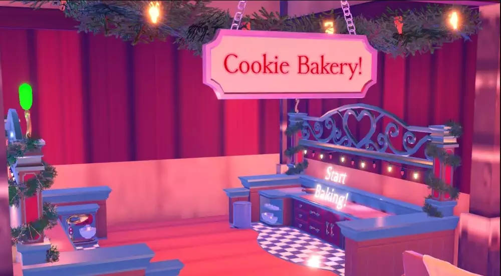 Roblox 桌布 壁紙 — 節日餅乾烘焙店內部，粉紅色牆壁、藍色櫃檯，暖色串燈下掛著節日花環。