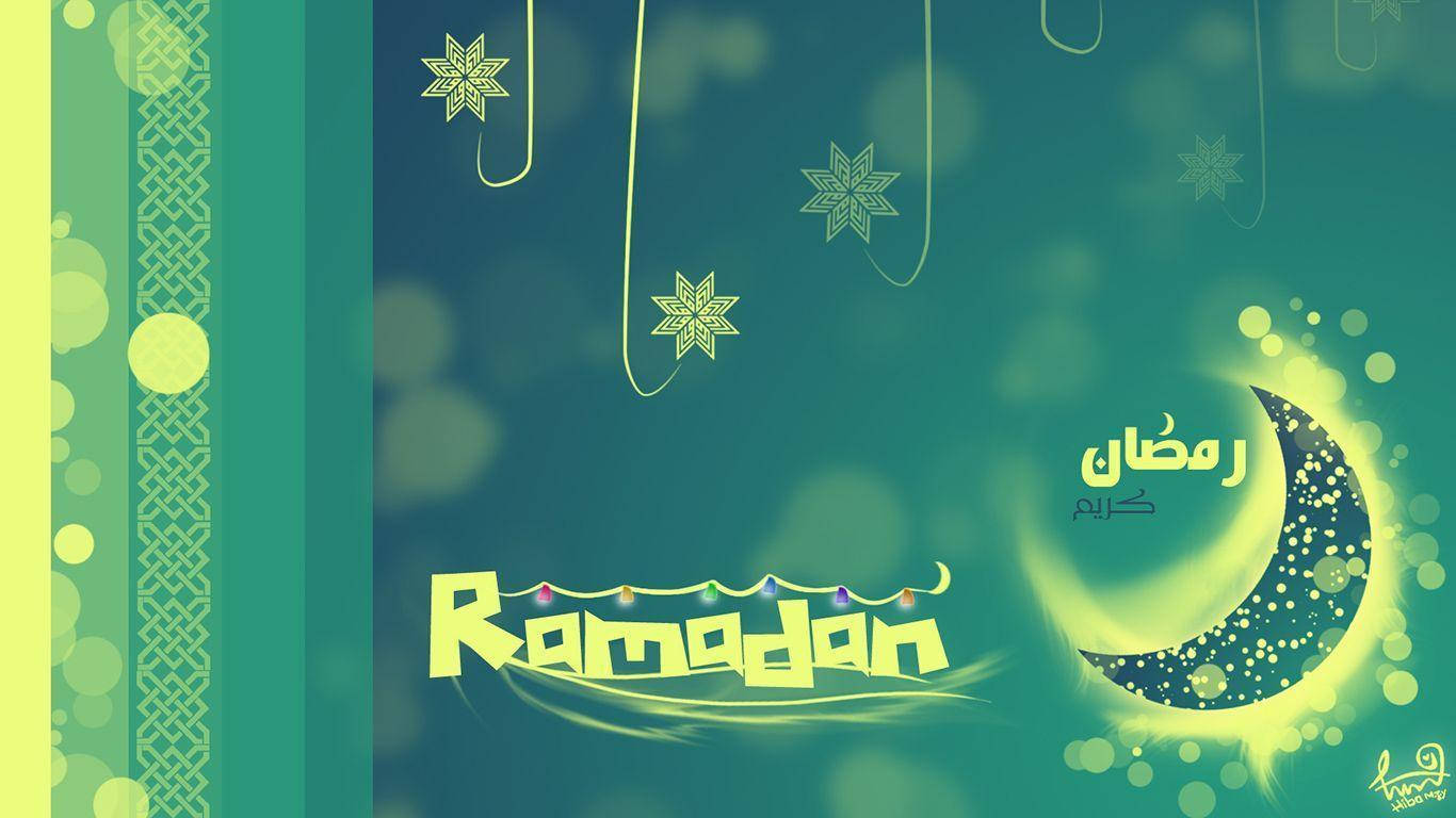 Ramadan 桌布 壁紙 — 節日齋月問候，帶有發光的彎月和星星裝飾，背景為藍綠色，帶有散景燈光。