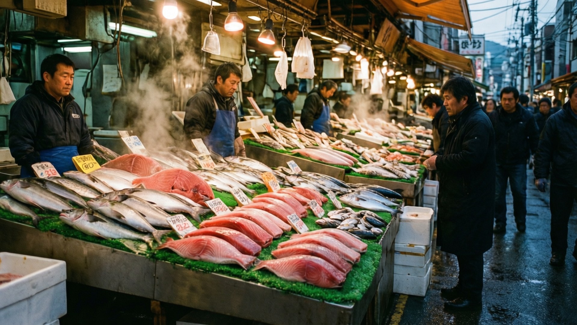 築地市場生活 壁紙 — 充滿活力的魚市場攤位蒸騰著新鮮感，小販和顧客在溫暖的頭頂燈光下互動。