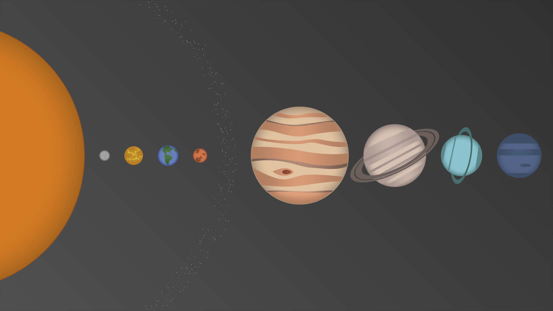 太陽系 桌布 壁紙 — 簡化的太陽系，太陽和行星以對角線排列在深灰色背景上。