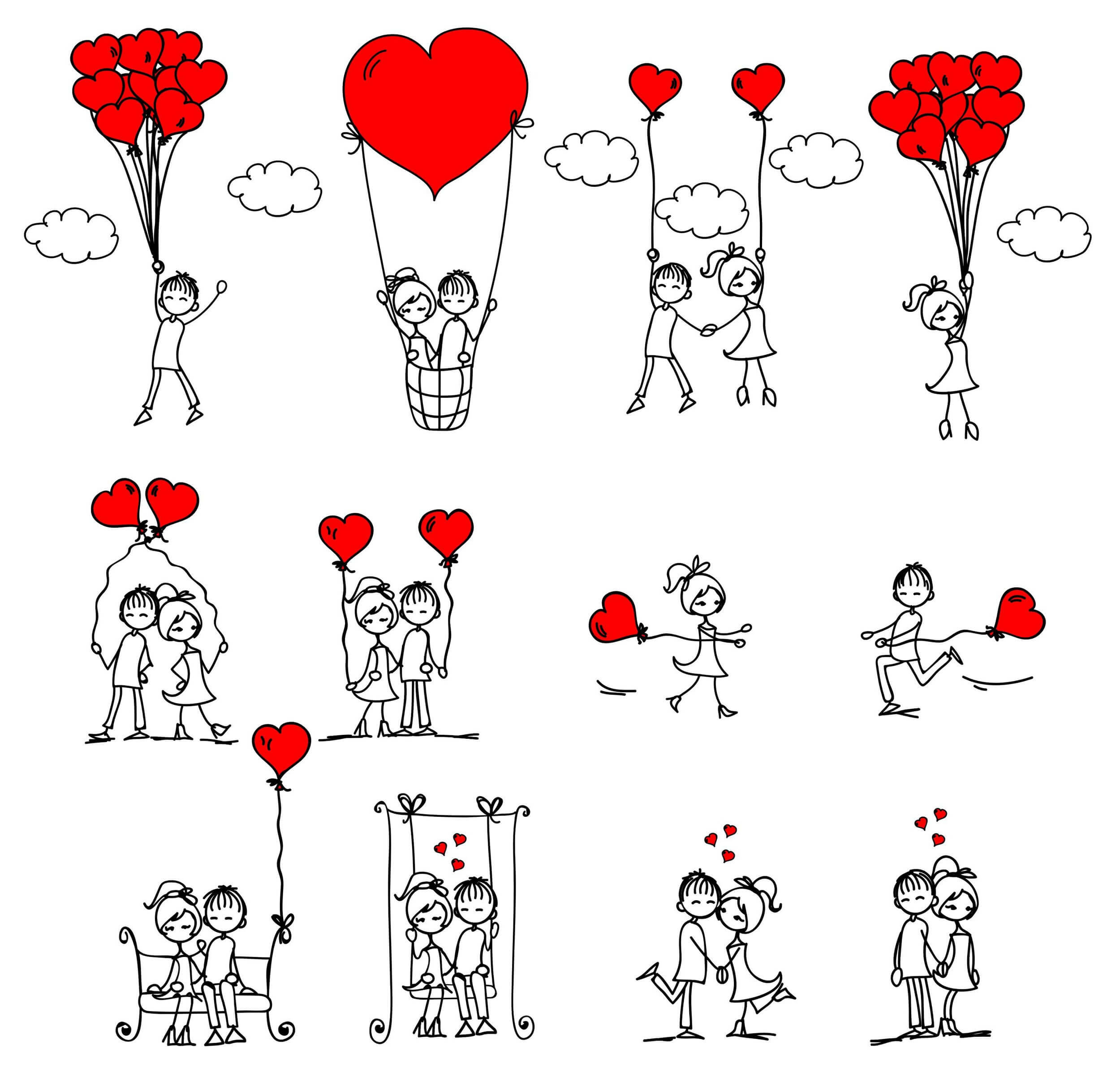 Love Drawings 桌布 壁紙 — 簡單線條圖顯示卡通情侶和兒童在白色背景上有雲朵的情況下，愉快地與紅色心形氣球互動。