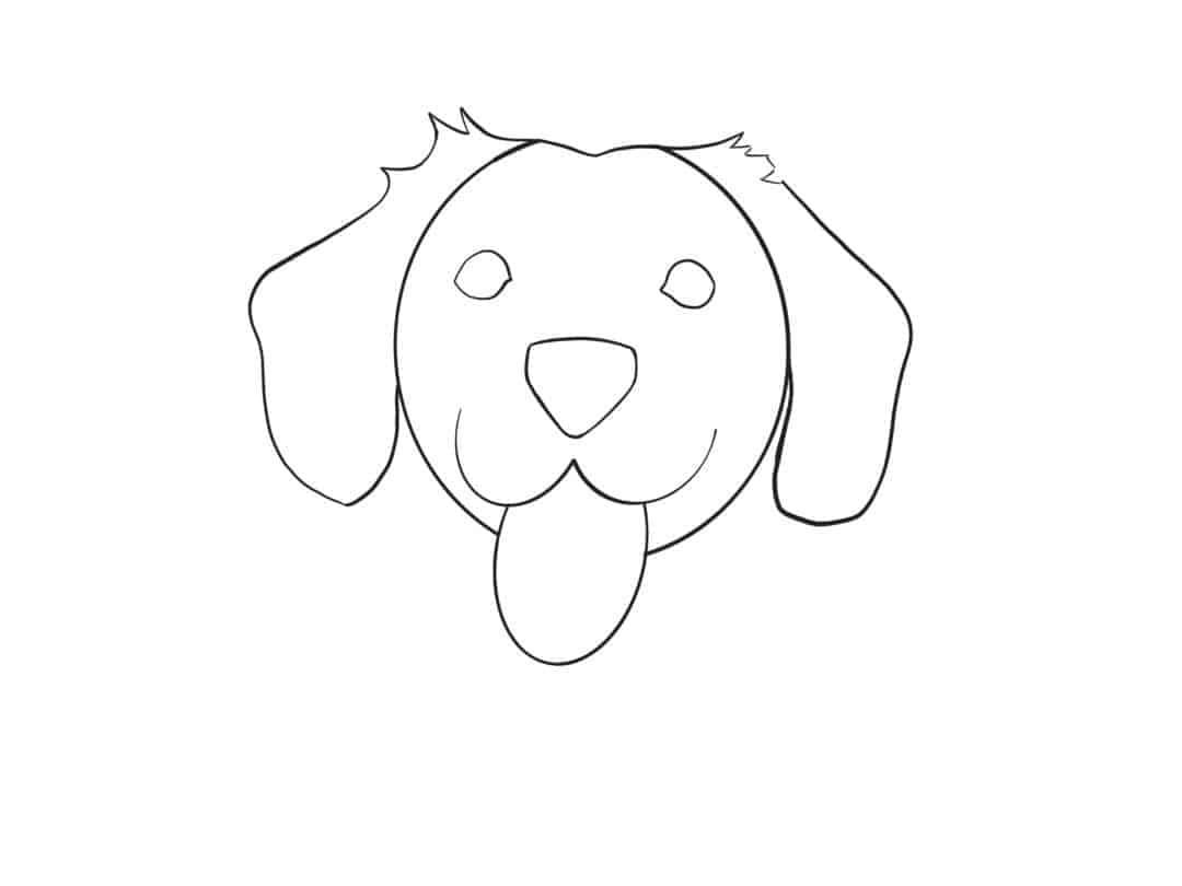 Easy Dog 桌布 壁紙 — 簡單黑色線條繪畫，一隻快樂的狗臉，有垂耳和伸出舌頭，在純白色背景上。