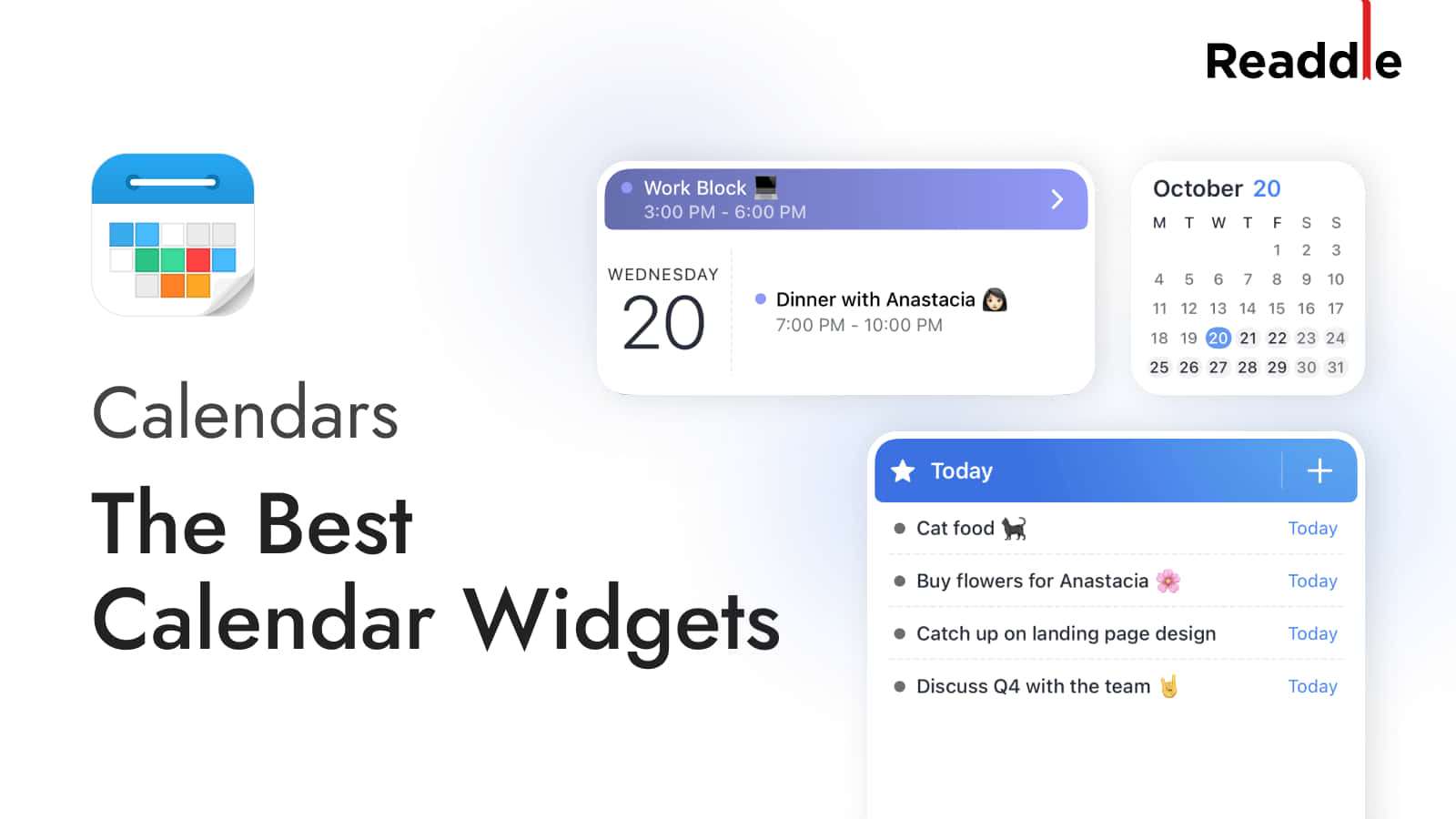 Calendar 桌布 壁紙 — 簡潔的數位日曆小工具在極簡白色背景上以彩色圖示顯示活動、任務和日期。