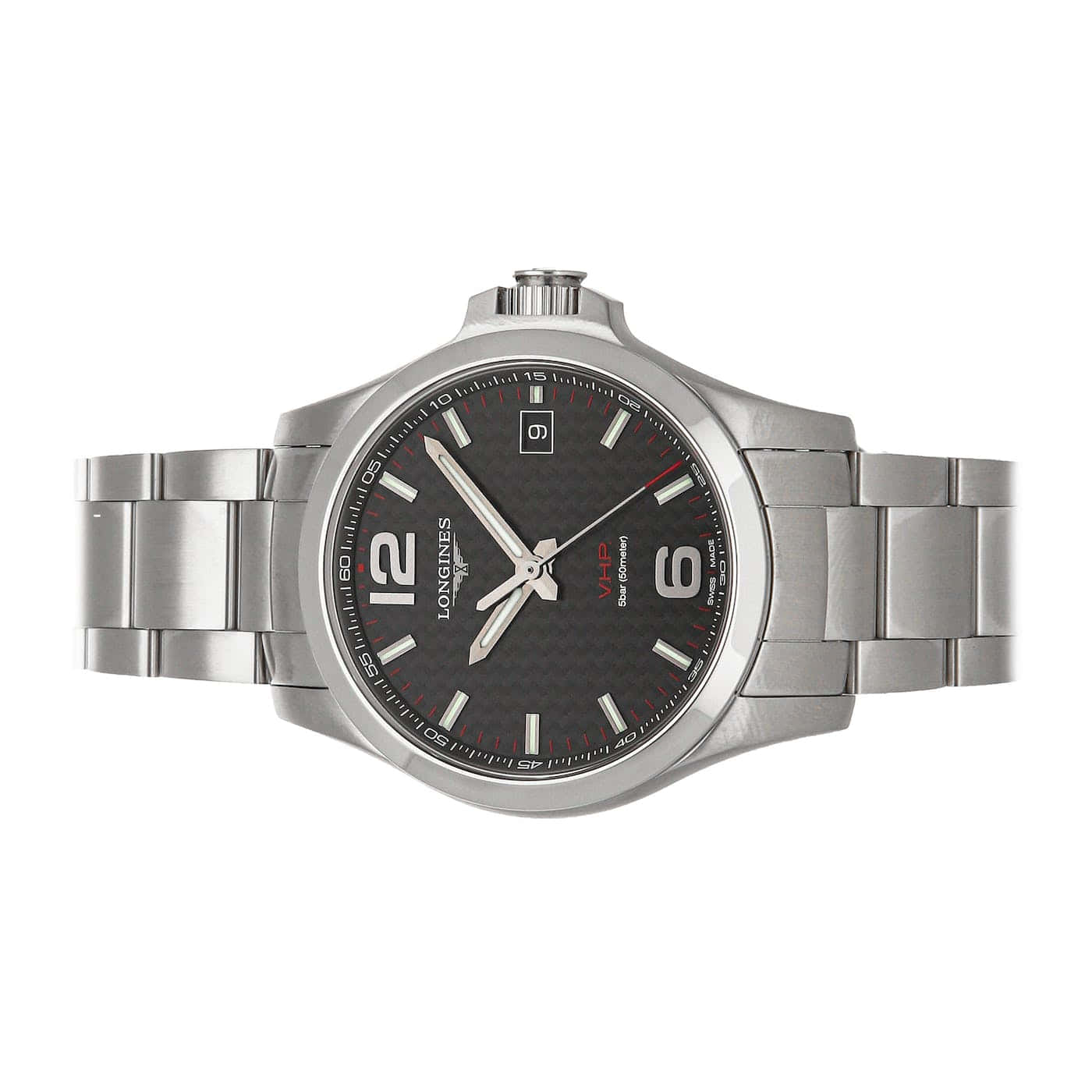 timer 桌布 壁紙 — 簡潔的銀色 Longines 手錶，配備黑色碳纖維錶盤和紅色點綴，背景為純白色。