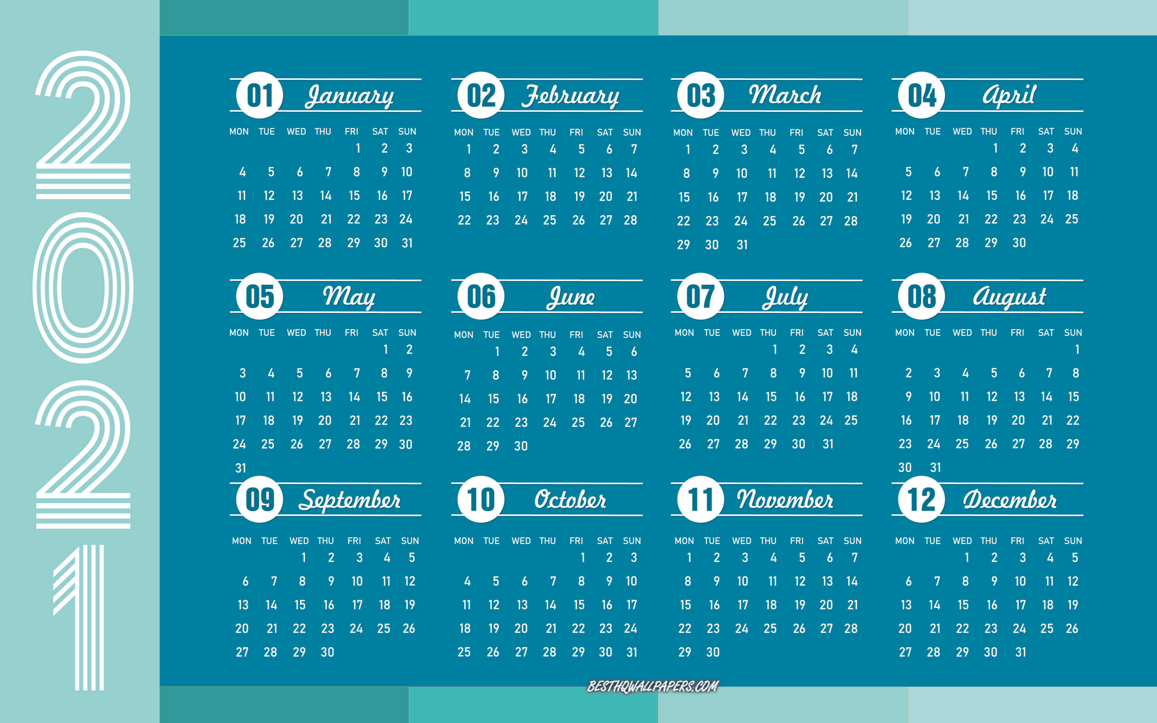 Calendar 桌布 壁紙 — 簡約2021年月曆，在青綠色背景上帶有白色網格文字和大型垂直年份數字。