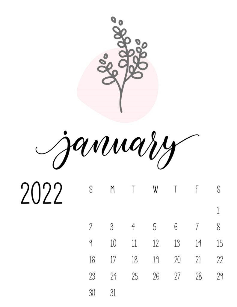 一月 桌布 壁紙 — 簡約2022年1月日曆，精緻線條藝術葉片位於優雅草書文字上方，背景為純白。