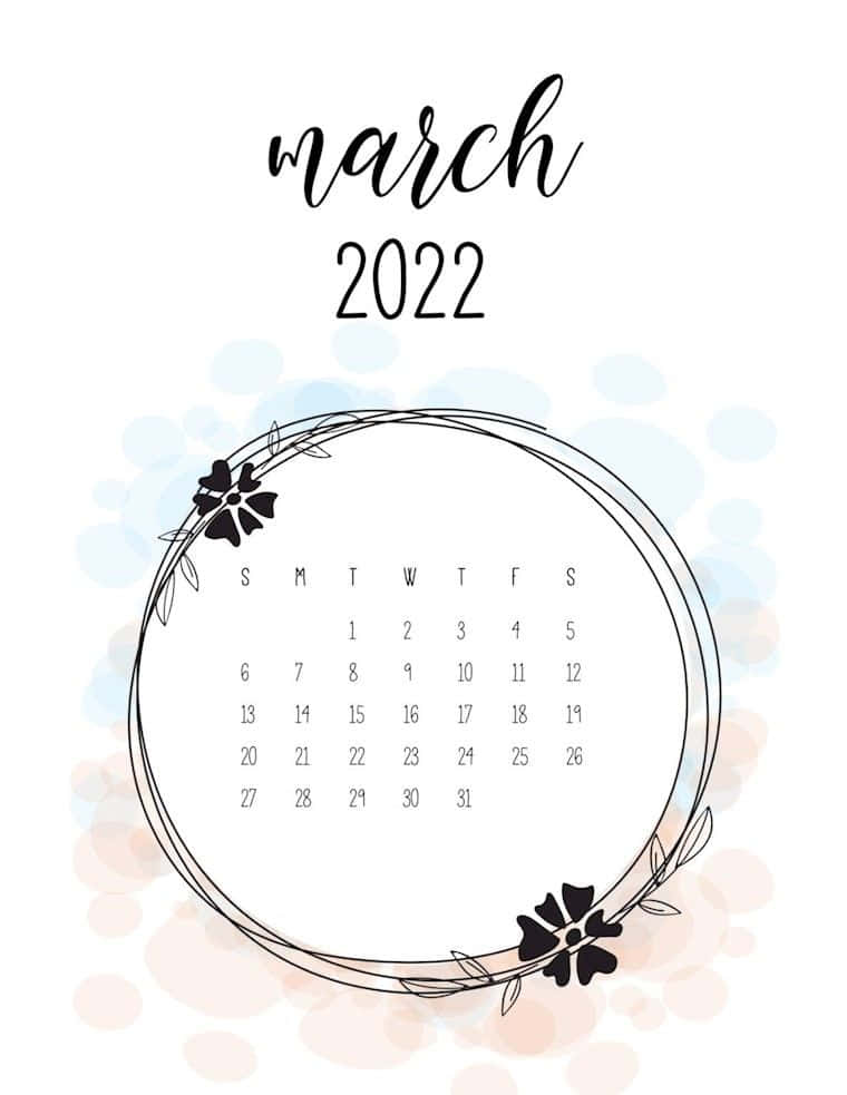 March 桌布 壁紙 — 簡約2022年3月月曆，配有黑色花卉花環和柔和粉彩水彩背景。