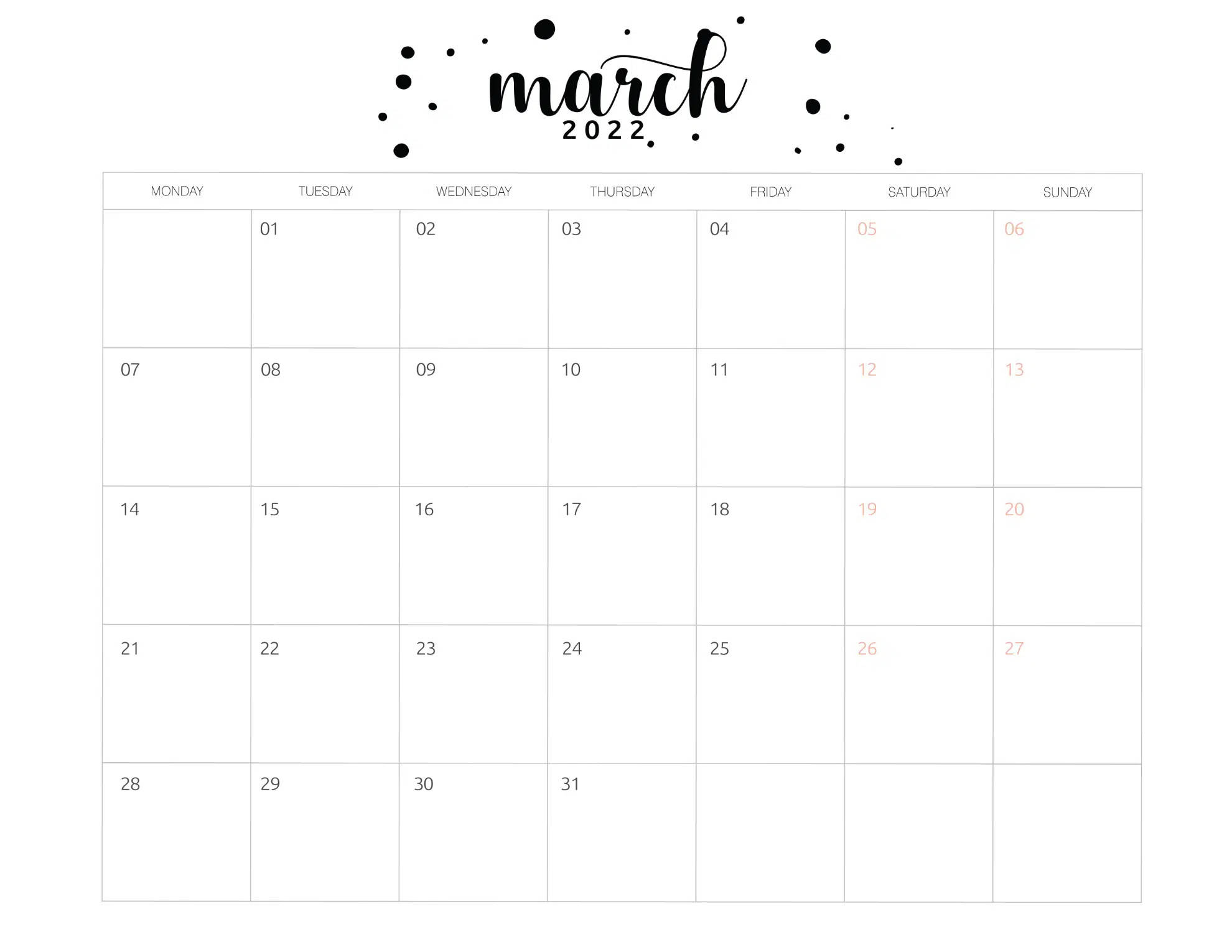 March 桌布 壁紙 — 簡約2022年3月月曆，黑色手寫標題和淺桃色週末日期在純白背景上。