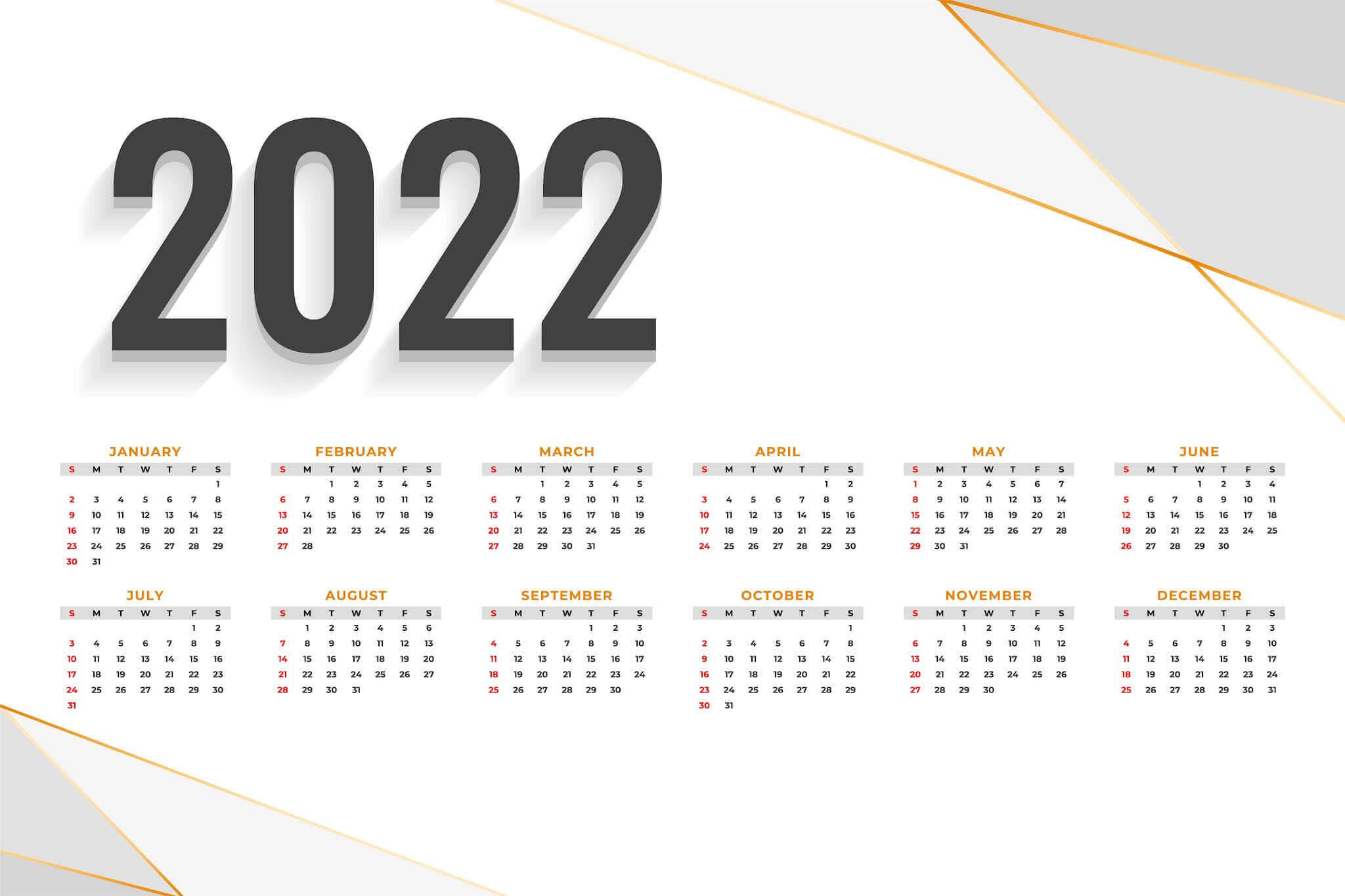 Calendar 桌布 壁紙 — 簡約2022年月曆，採用粗體黑色數字和金色幾何裝飾，搭配純白背景。
