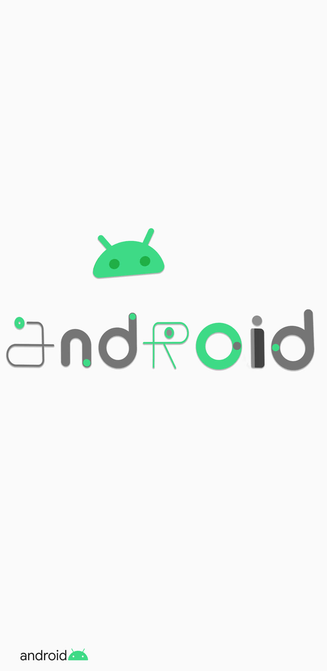 桌布 壁紙 — 簡約Android標誌，綠色機器人圖示位於淺灰色背景上的灰綠色風格文字上方。
