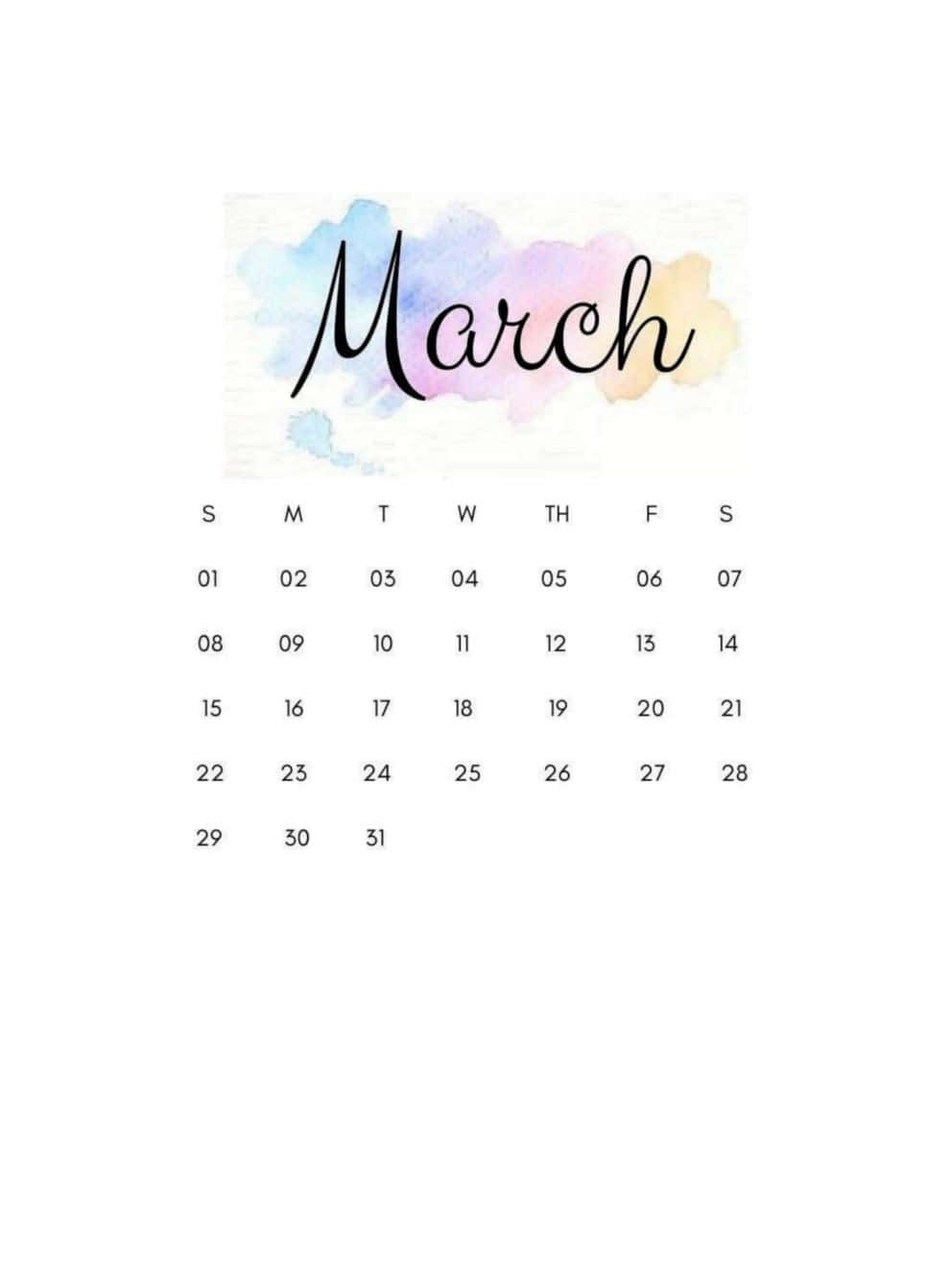 March 桌布 壁紙 — 簡約三月日曆，以優雅草書字體呈現，背景為柔和粉彩水彩潑墨。