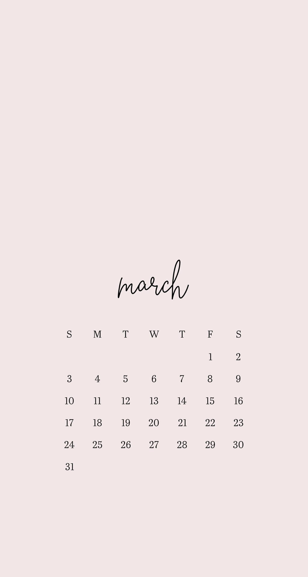 March 桌布 壁紙 — 簡約三月日曆，優雅草書字體，柔和腮紅背景，乾淨排版。