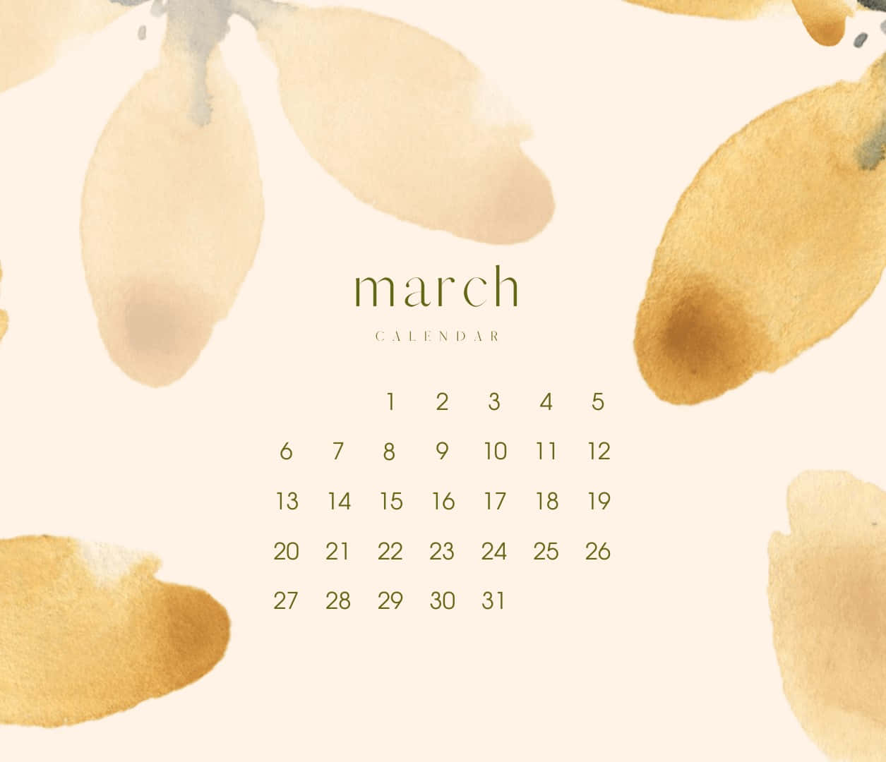 March 桌布 壁紙 — 簡約三月日曆，在奶油色背景上帶有柔和的水彩金箔點綴。
