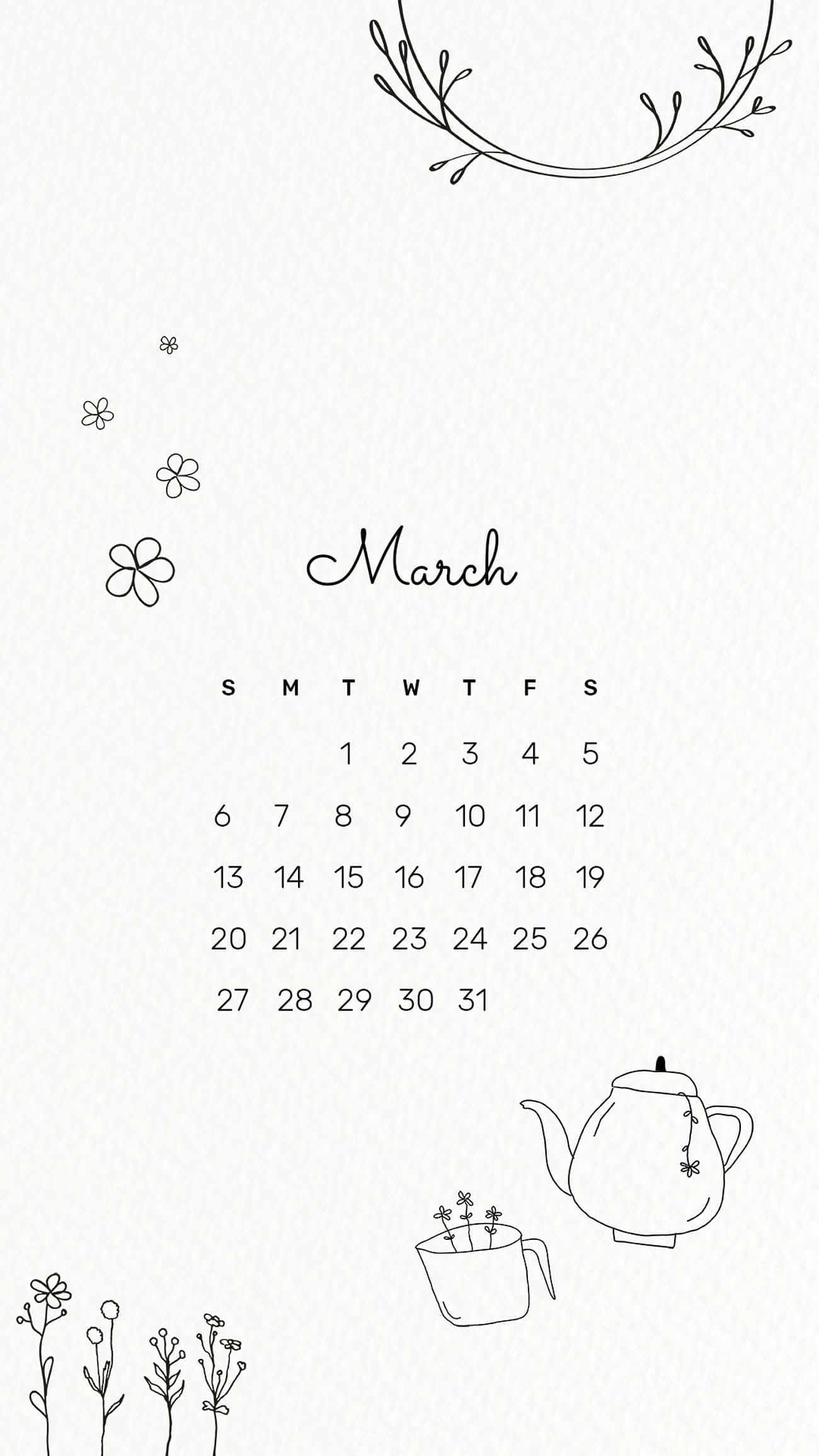 March 桌布 壁紙 — 簡約三月日曆，在紋理白色背景上繪有精緻的花朵和茶壺線條畫。