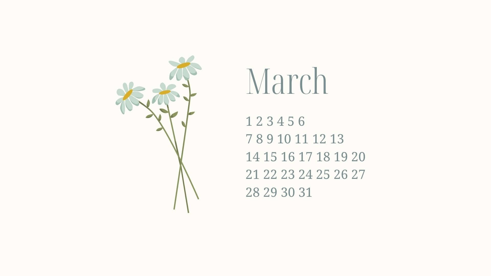 March 桌布 壁紙 — 簡約三月日曆，柔和奶油色背景上精緻雛菊插圖。