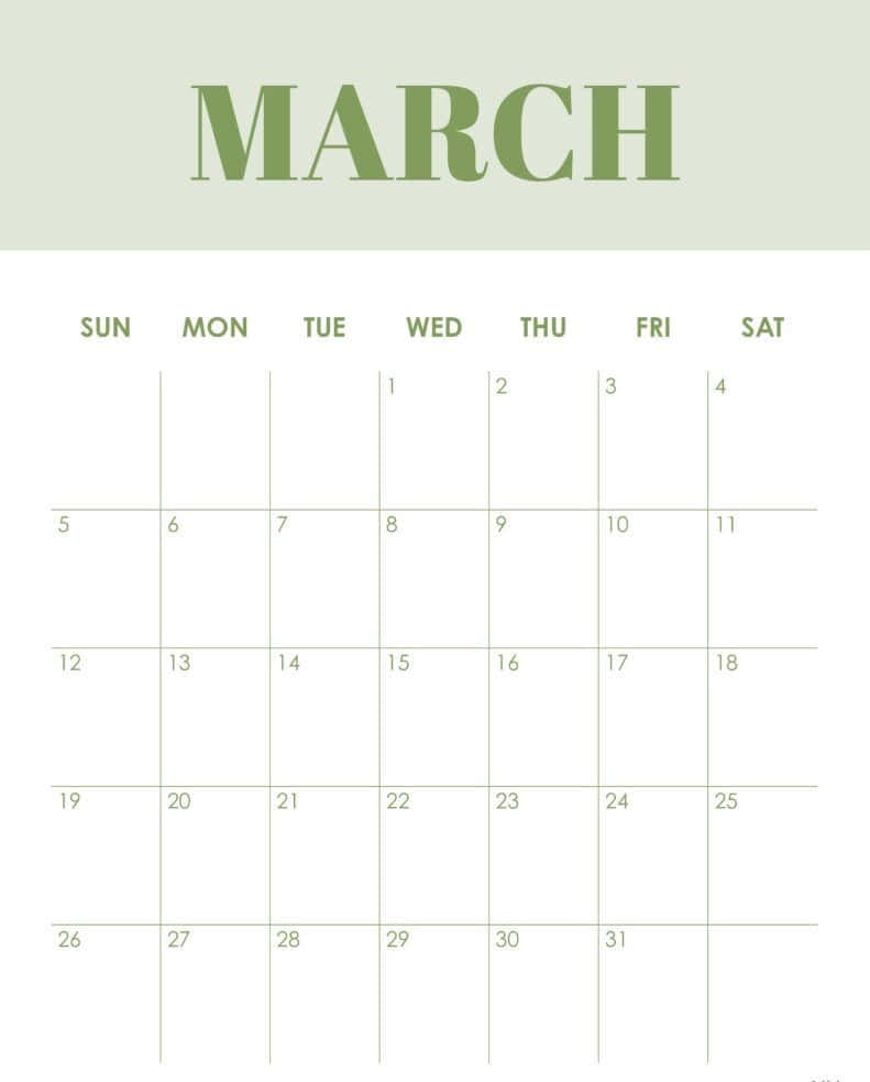 March 桌布 壁紙 — 簡約三月月曆，白色背景上帶有橄欖綠色文字，採用網格佈局和日期標籤。