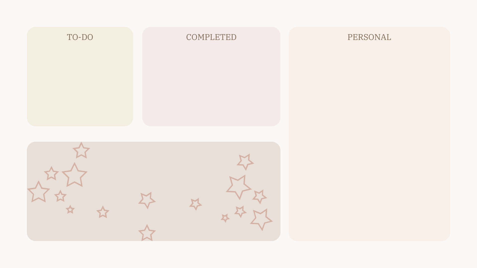 pastel 桌布 壁紙 — 簡約任務板，設有三個標籤區域，底部有星星圖案欄杆，背景為柔和粉彩色。