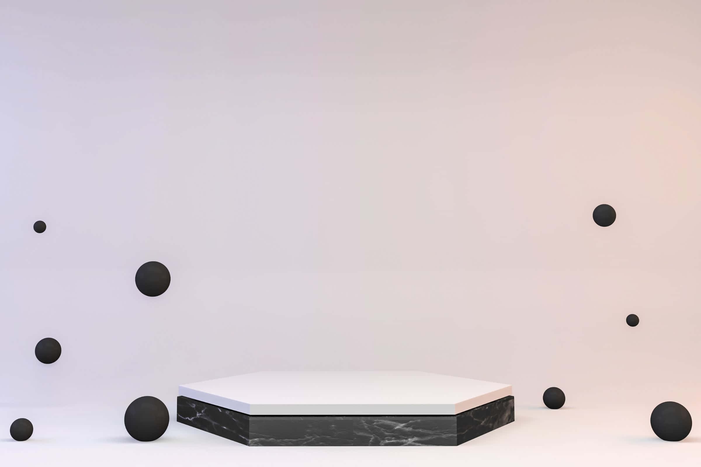 2400x1600 桌布 壁紙 — 簡約六邊形大理石展台，白色頂部，周圍漂浮黑色球體，背景為柔和漸變牆。