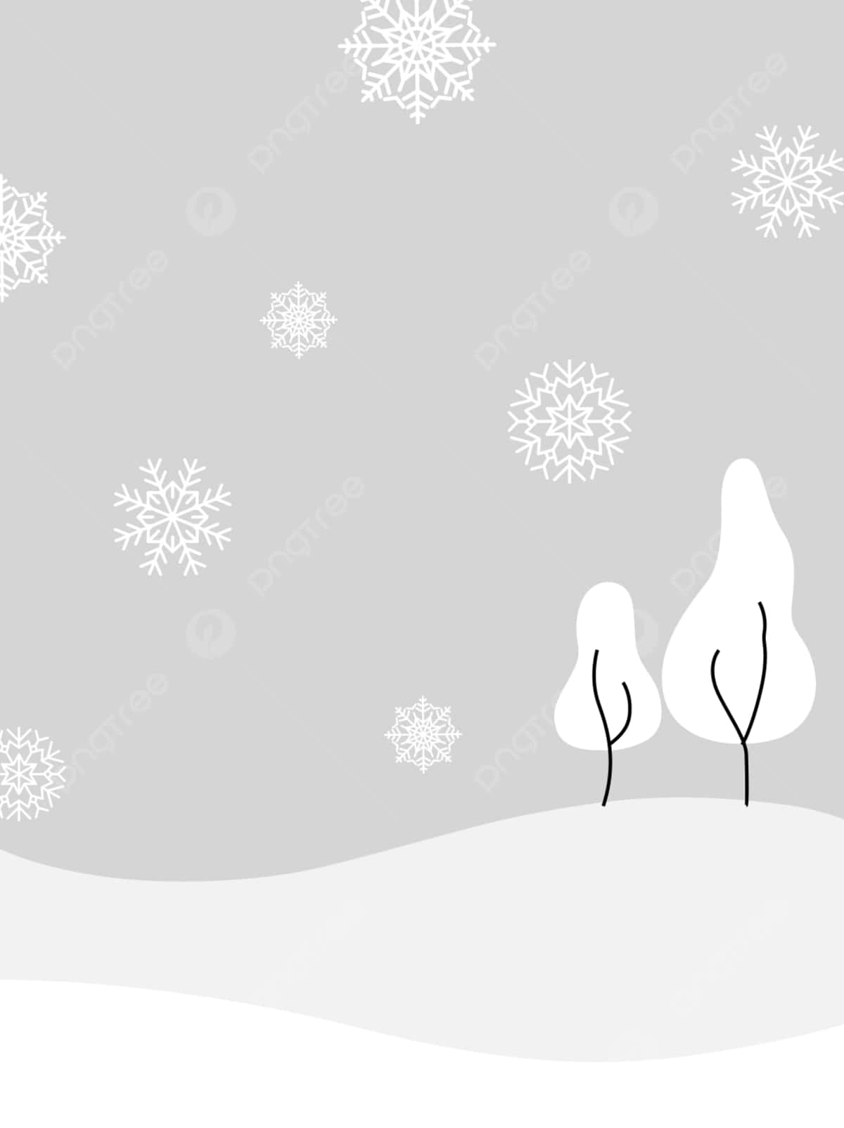 雪景 桌布 壁紙 — 簡約冬季場景，以柔和的灰色背景襯托風格化的雪覆樹木和飄落的雪花。