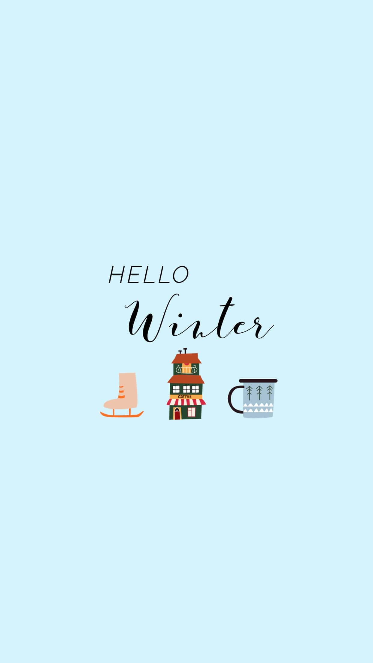 Cute Winter Aesthetic 桌布 壁紙 — 簡約冬日問候，以溜冰鞋屋和馬克杯為特色，背景為柔和藍色。