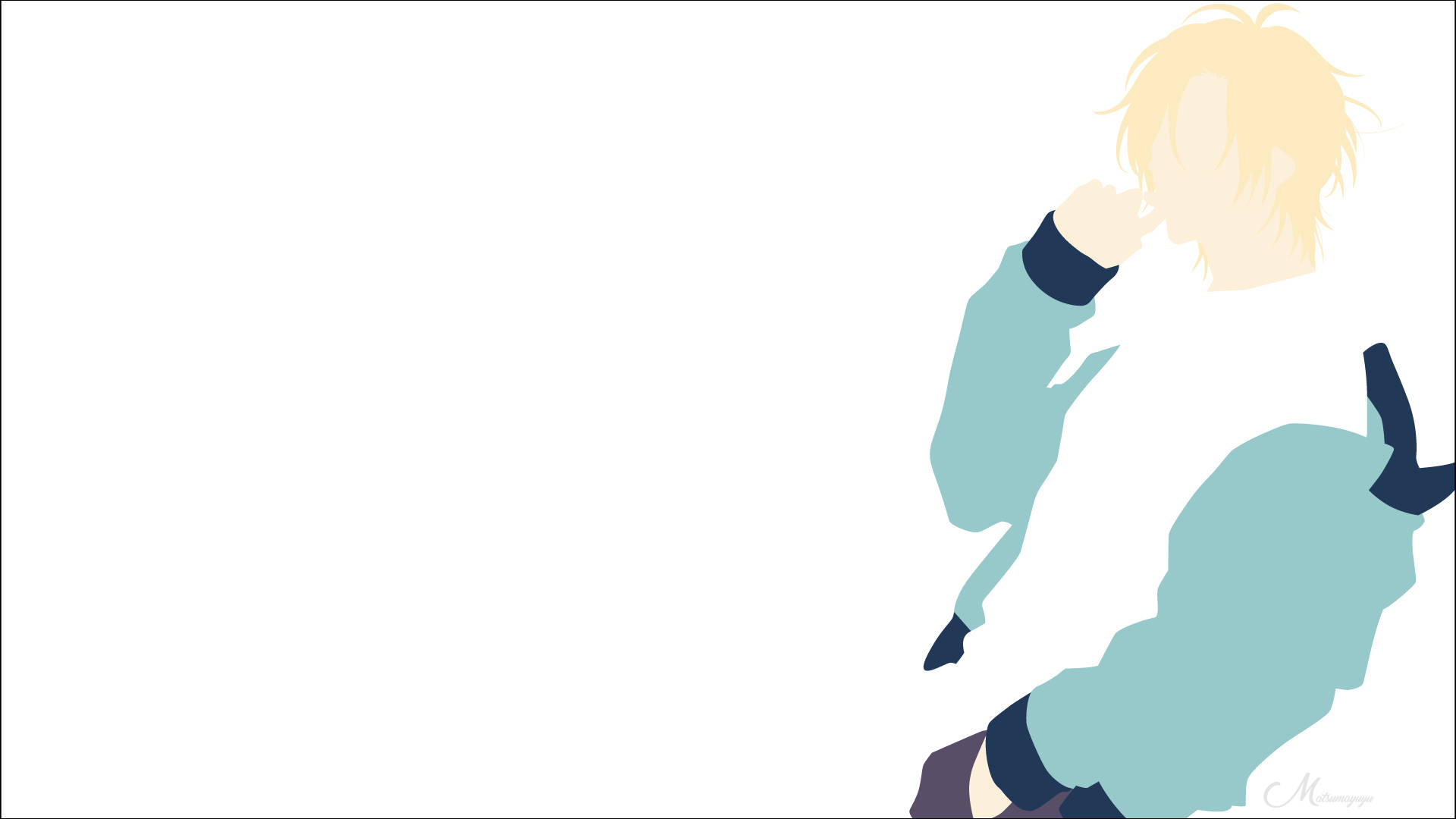 Banana Fish 桌布 壁紙 — 簡約動漫風格剪影，金髮人物穿著青綠色外套，背景為純白色。