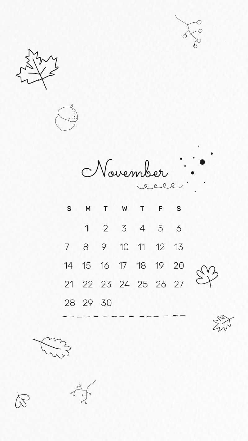 Calendar 桌布 壁紙 — 簡約十一月日曆，在紋理白色背景上繪有精緻的秋葉和橡子線條畫。