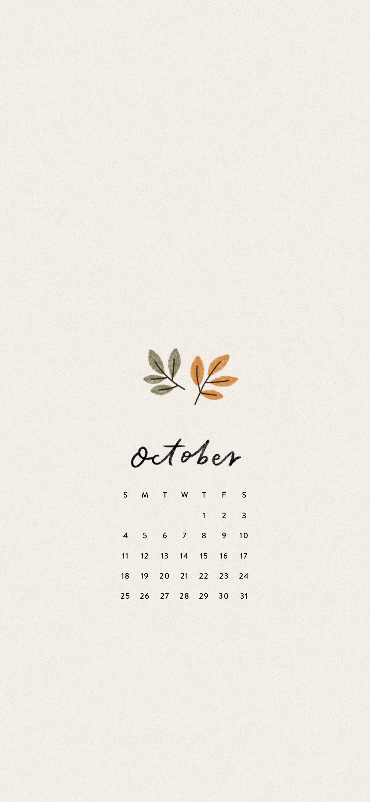 October 2020 Calendar 桌布 壁紙 — 簡約十月日曆，在紋理奶油色背景上，月份名稱上方有兩片秋葉。
