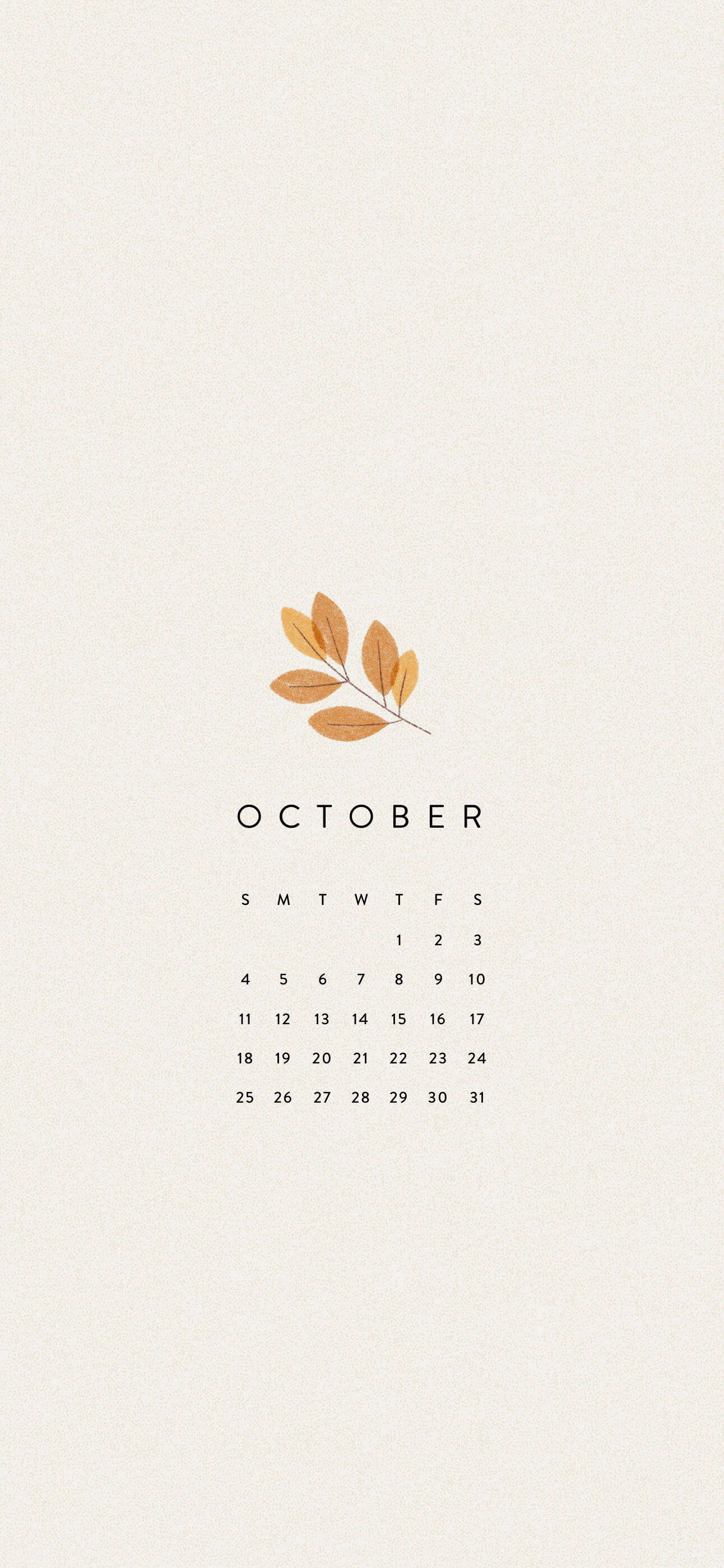 October 2020 Calendar 桌布 壁紙 — 簡約十月日曆，金色樹葉居中置於紋理奶油色背景上。