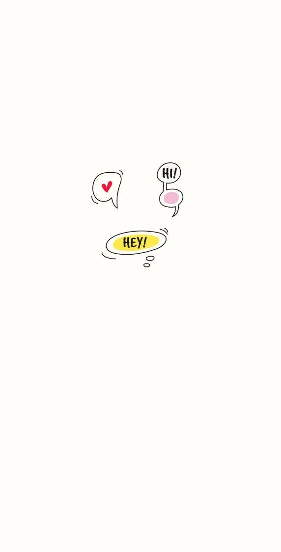 Hi 桌布 壁紙 — 簡約卡通對話框，帶有心形、hi 和 hey 文字，背景為純白色。