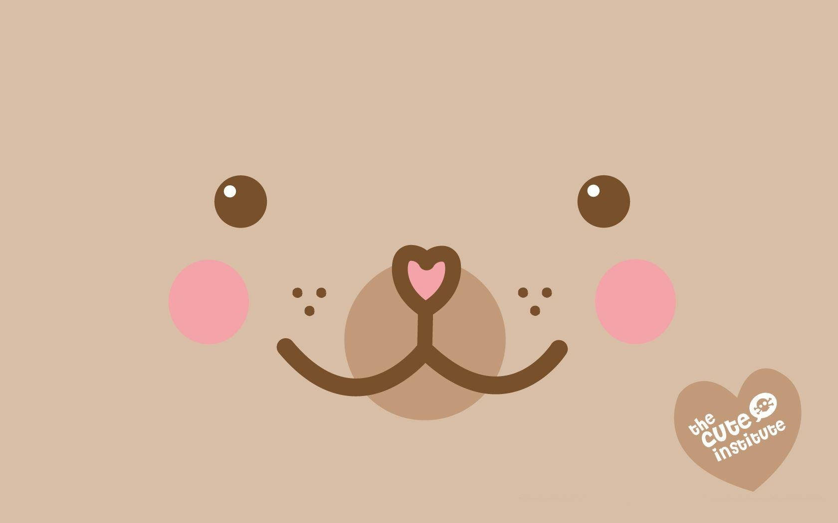 Kawaii Laptop 桌布 壁紙 — 簡約卡通熊臉，心形鼻子和粉紅臉頰，米色背景。