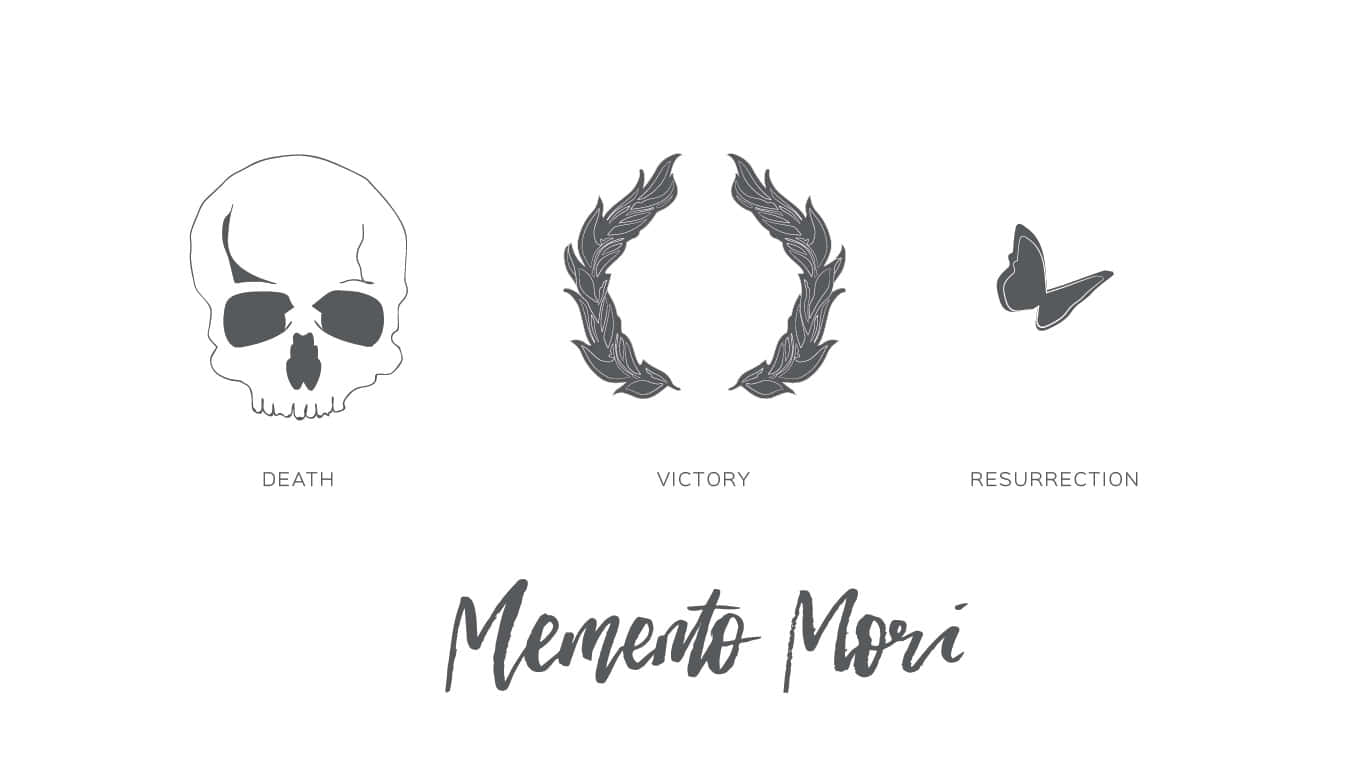 Memento Mori 桌布 壁紙 — 簡約單色圖標，包含骷髏、月桂和蝴蝶，象徵死亡、勝利和復活，下方有「Memento Mori」字樣。