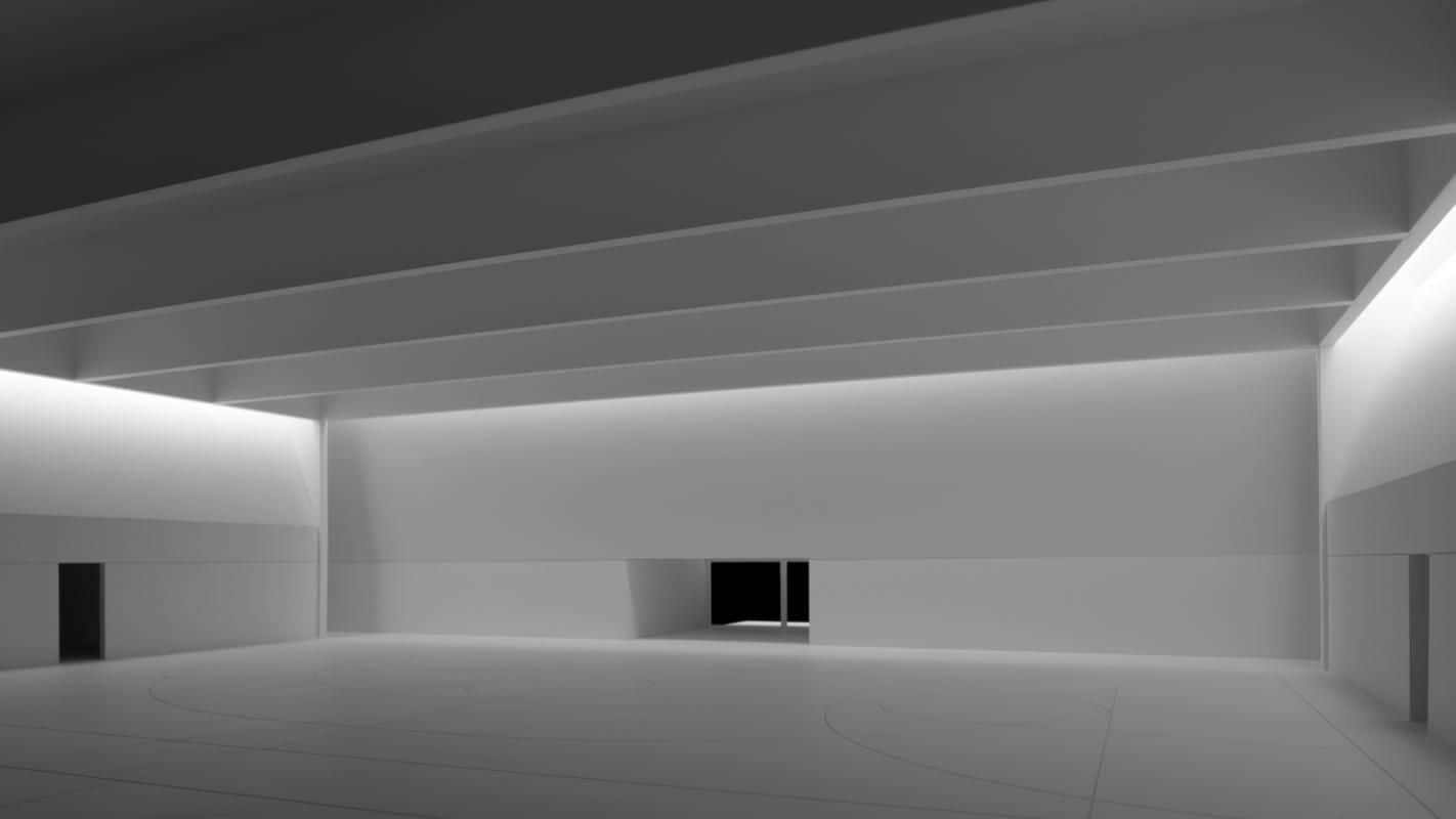 Empty Room 桌布 壁紙 — 簡約單色室內設計，純白牆壁與天花板橫樑在柔和線性燈光照射下，投下長長的陰影。