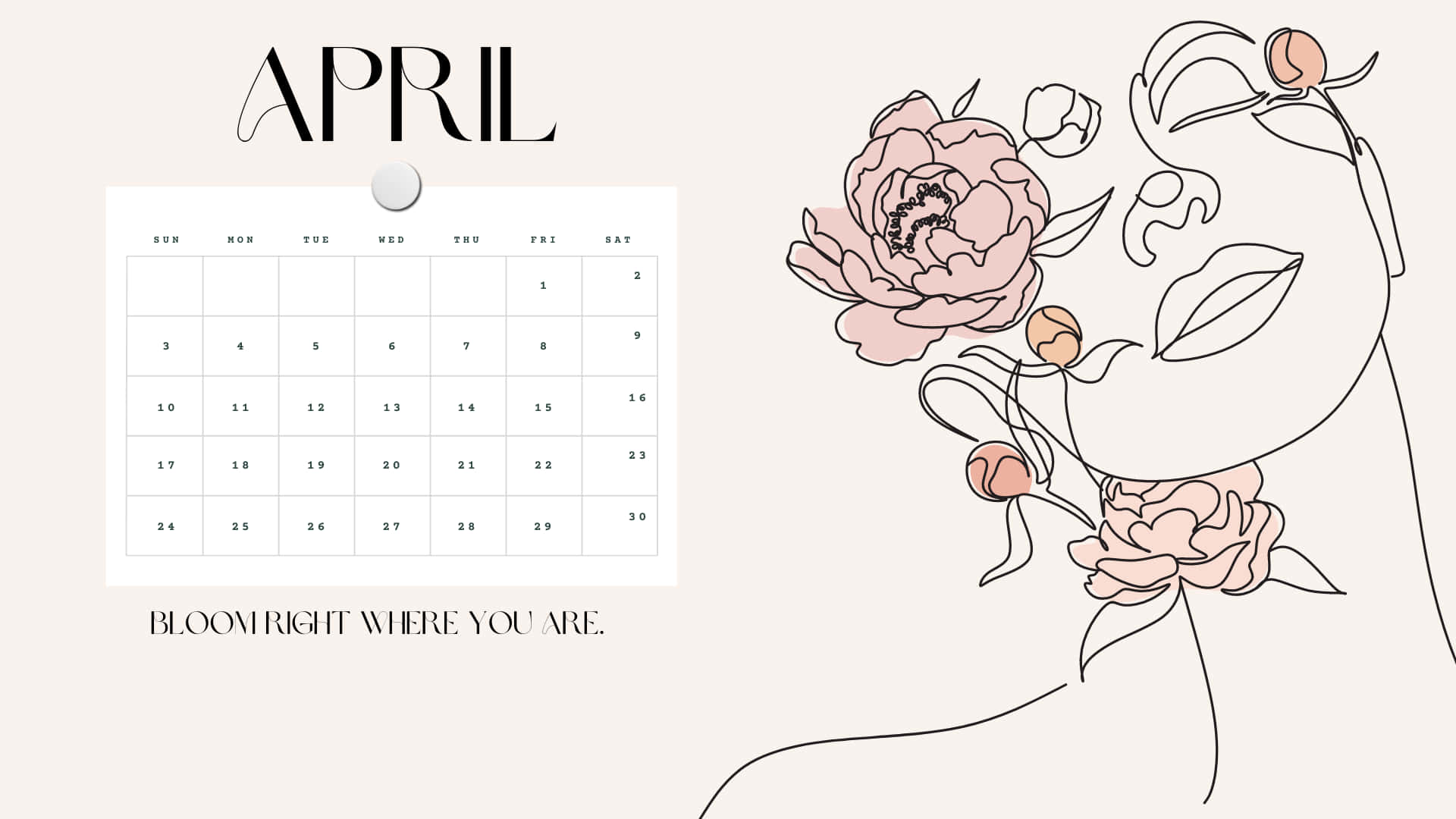 April 桌布 壁紙 — 簡約四月月曆，以線條藝術女性臉龐和淡粉紅牡丹點綴於柔和米色背景上。