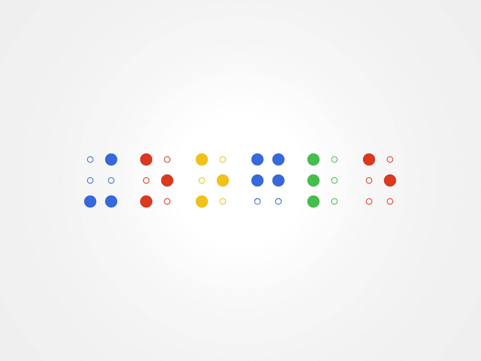 google 桌布 壁紙 — 簡約圖案，由彩色實心和空心圓圈組成，在柔和的白色漸變背景上重複排列成行。