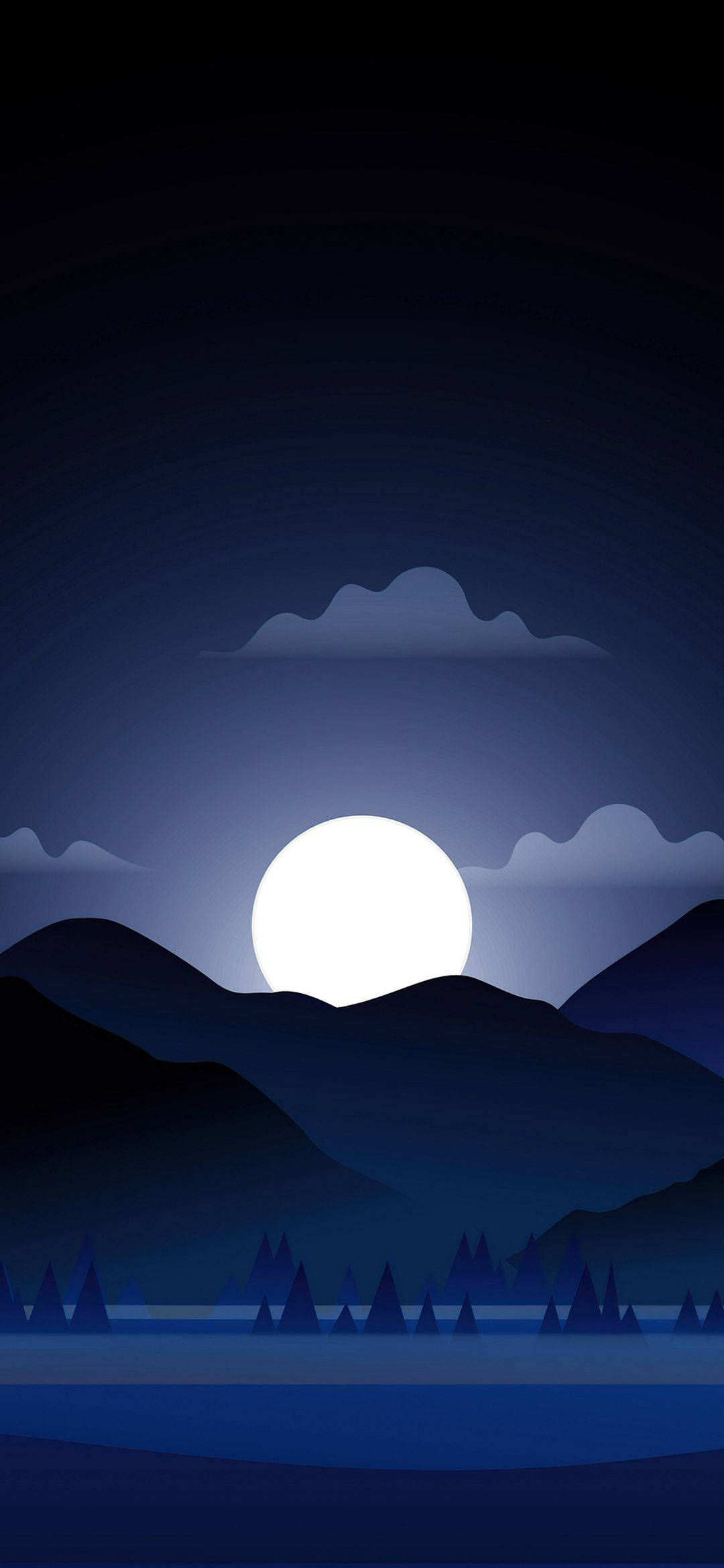 WhatsApp 聊天 桌布 壁紙 — 簡約夜景，明亮的滿月在平靜的湖面上從黑暗的山脈和樹木剪影後升起。