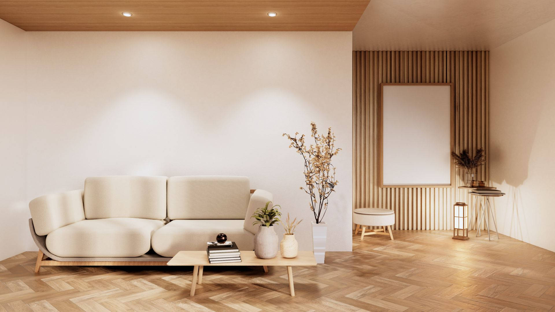 Living Room 桌布 壁紙 — 簡約客廳，配有弧形米色沙發、人字紋木地板，以及來自嵌入式天花板燈具的溫暖環境照明。