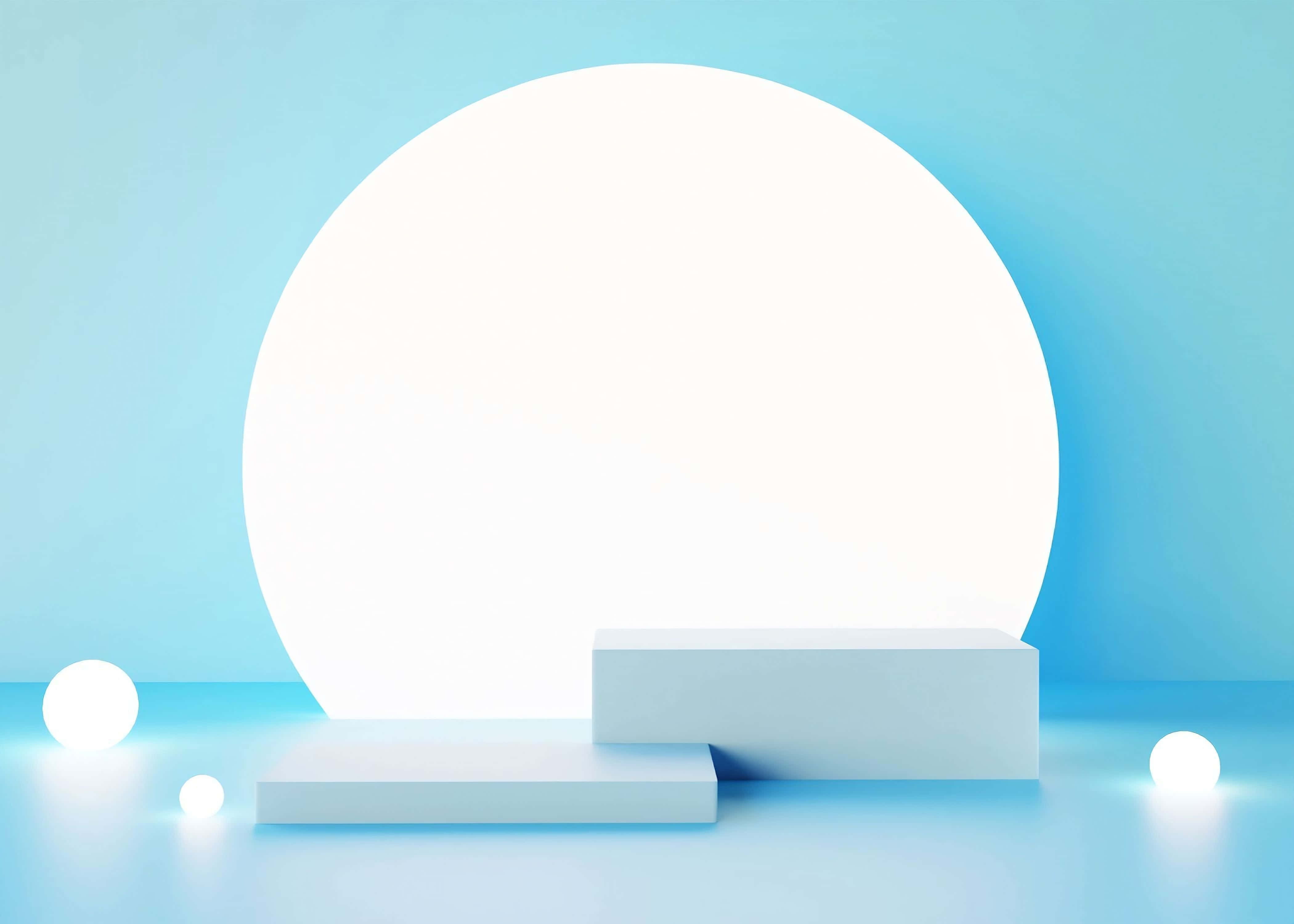 Mockup 桌布 壁紙 — 簡約工作室佈置，以白色幾何形狀塊和發光球體，配以柔和藍色漸變背景。