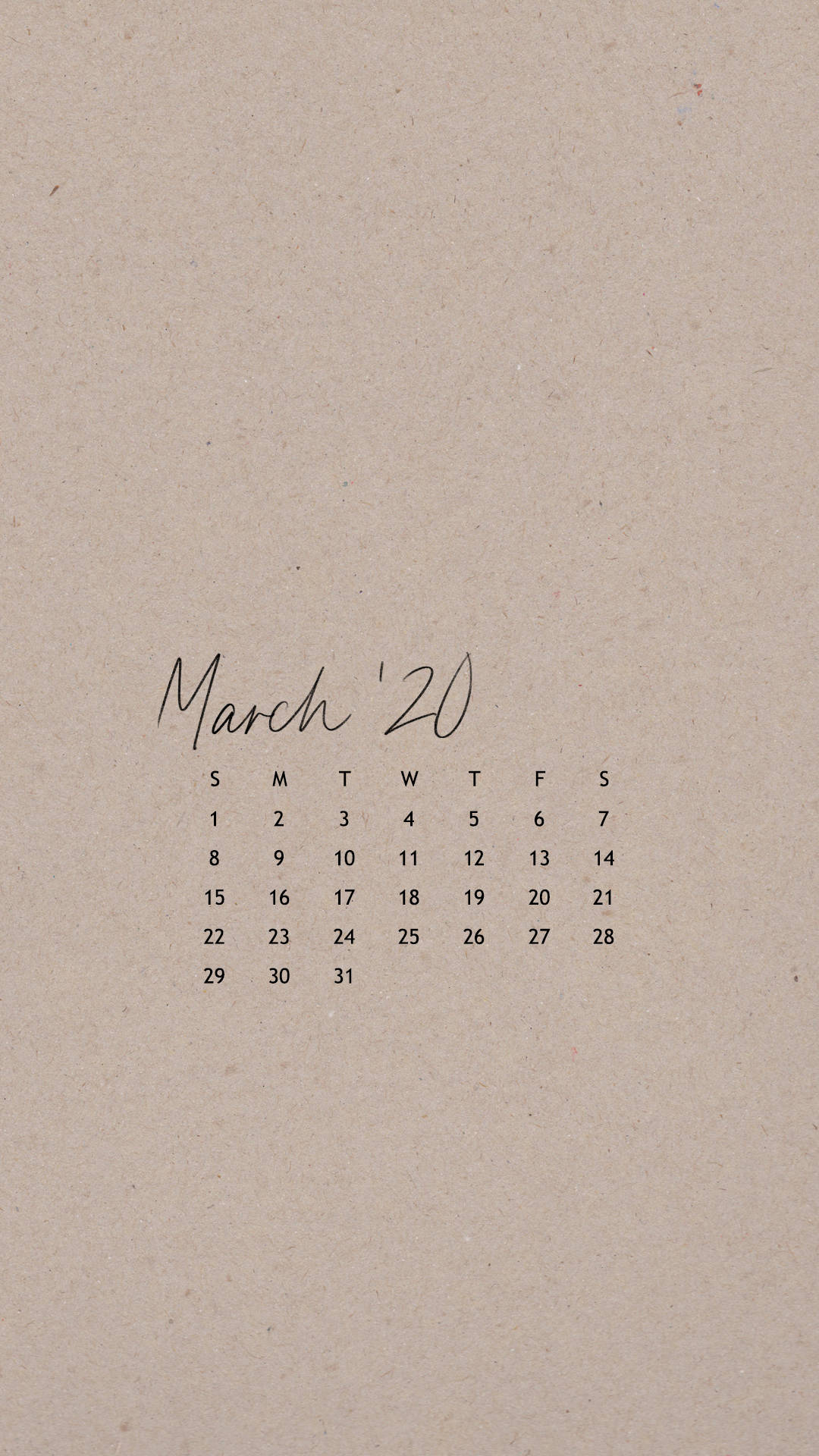 March 桌布 壁紙 — 簡約手寫2020年3月月曆，採用紋理米色紙張，配以乾淨黑色字體。