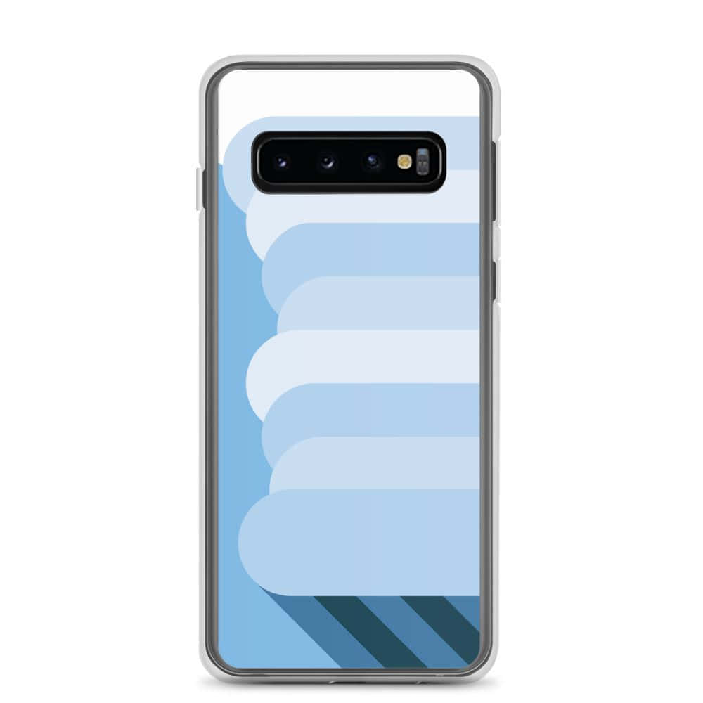 Galaxy S10 桌布 壁紙 — 簡約手機殼，帶有藍色和白色分層抽象形狀，底部有對角線條紋。