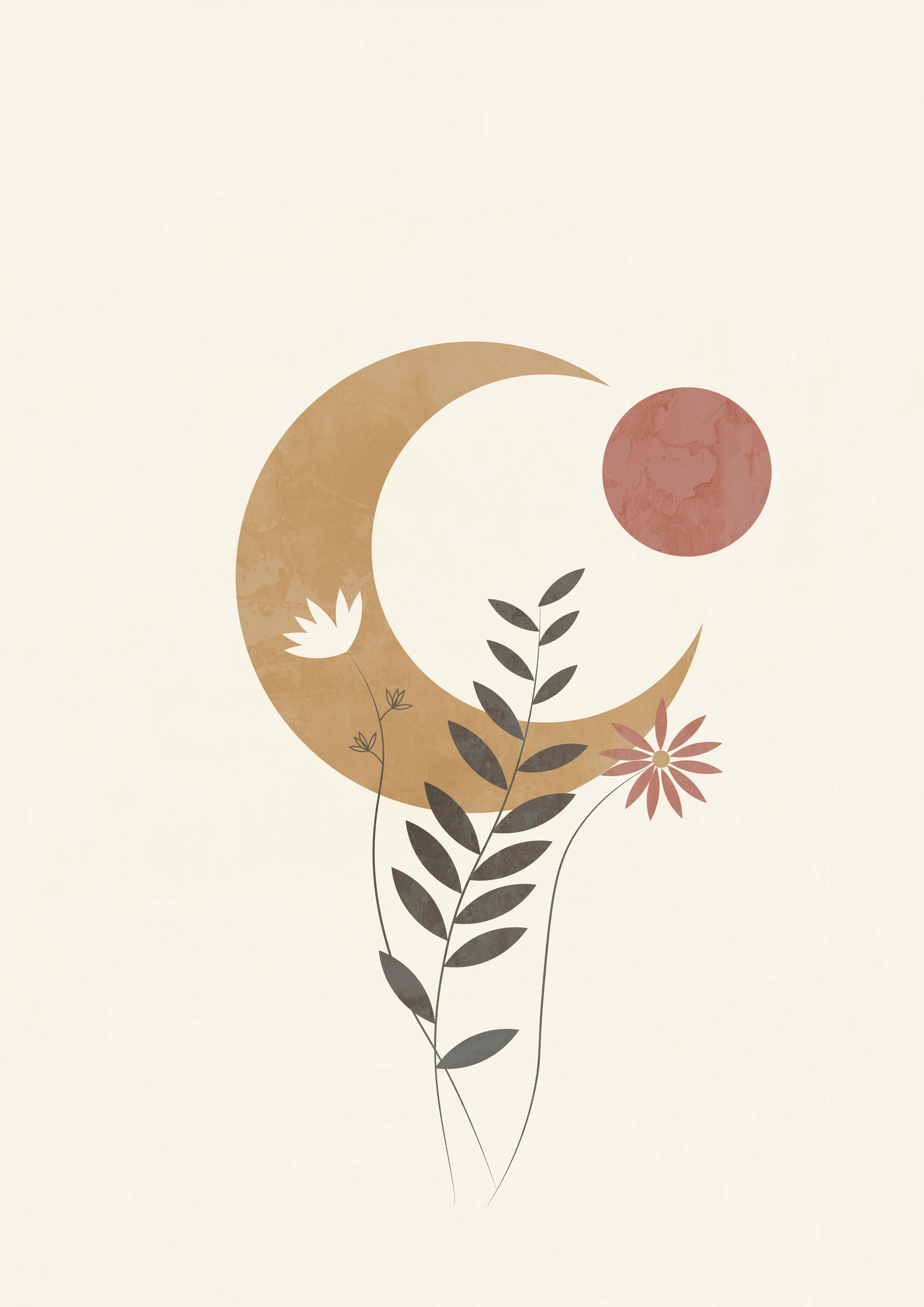 Boho Art 桌布 壁紙 — 簡約插圖，新月和太陽搭配精緻的花朵和葉子，背景為柔和的奶油色。