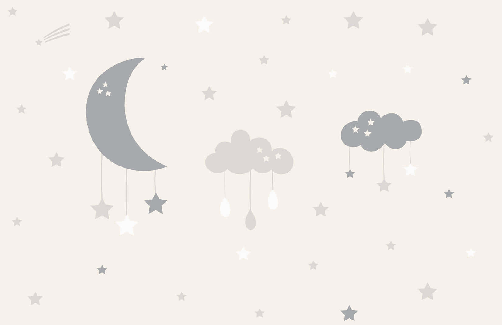 雲朵 桌布 壁紙 — 簡約柔和色調桌布，懸掛著月亮雲朵、星星和雨滴，採用柔軟灰色調。