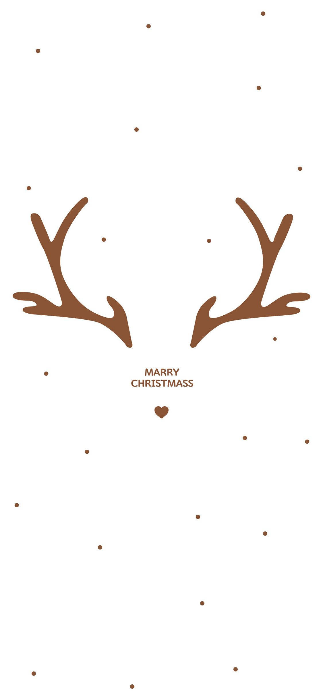 聖誕節 桌布 壁紙 — 簡約棕色馴鹿角，帶有「MARRY CHRISTMASS」文字和心形圖案，白色背景上散落著圓點。