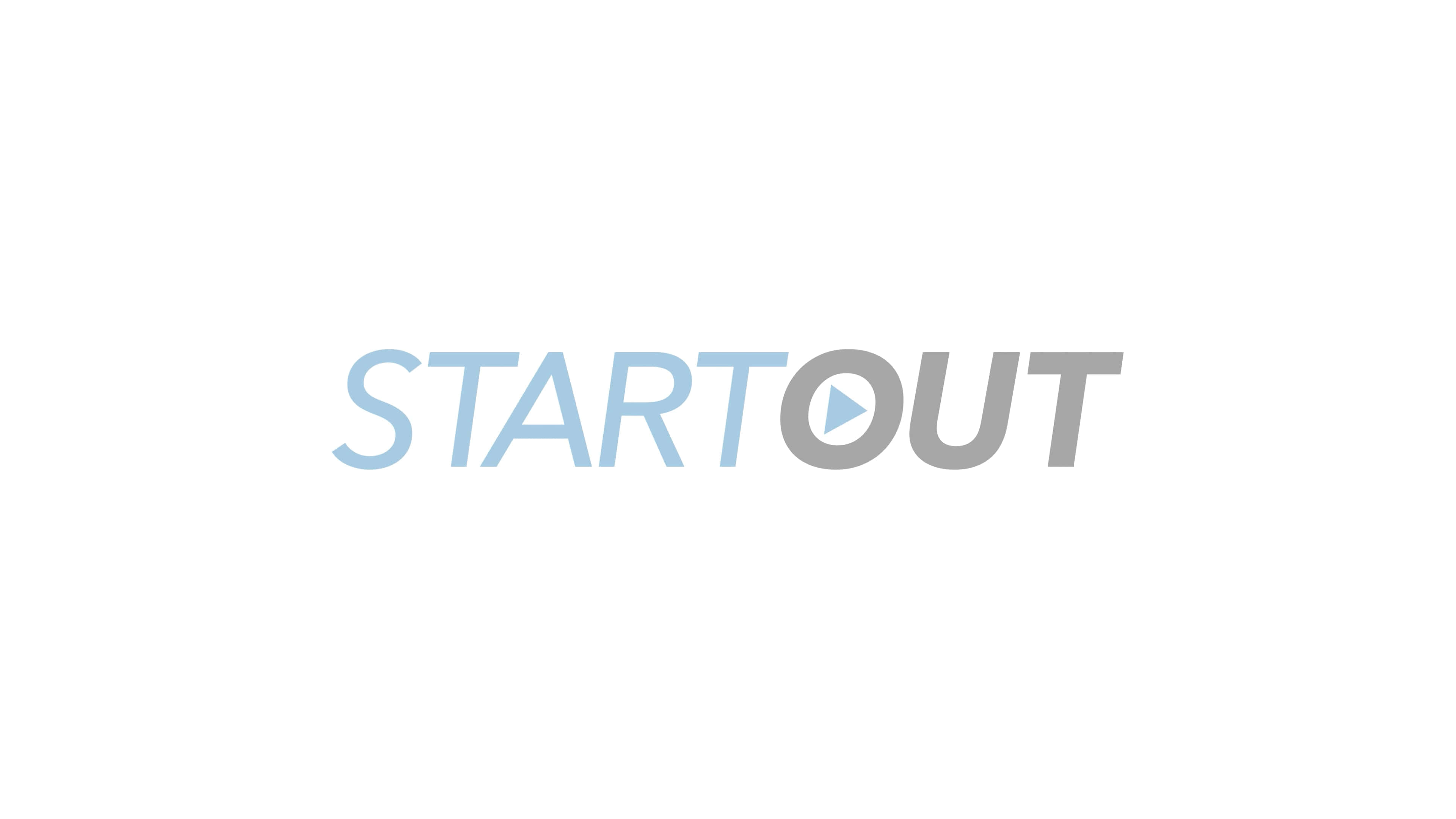 3840x2160 動態圖片 桌布 壁紙 — 簡約標誌，'START' 用淺藍色，'OUT' 用灰色，並以播放圖示取代 'O'，背景為純白色。