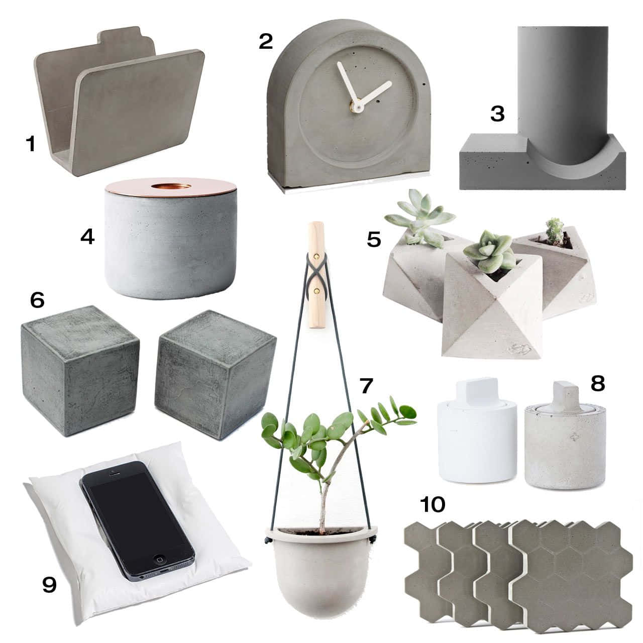 Decoration 桌布 壁紙 — 簡約水泥家居裝飾品，包括花盆、時鐘和手機支架，排列在白色背景上。